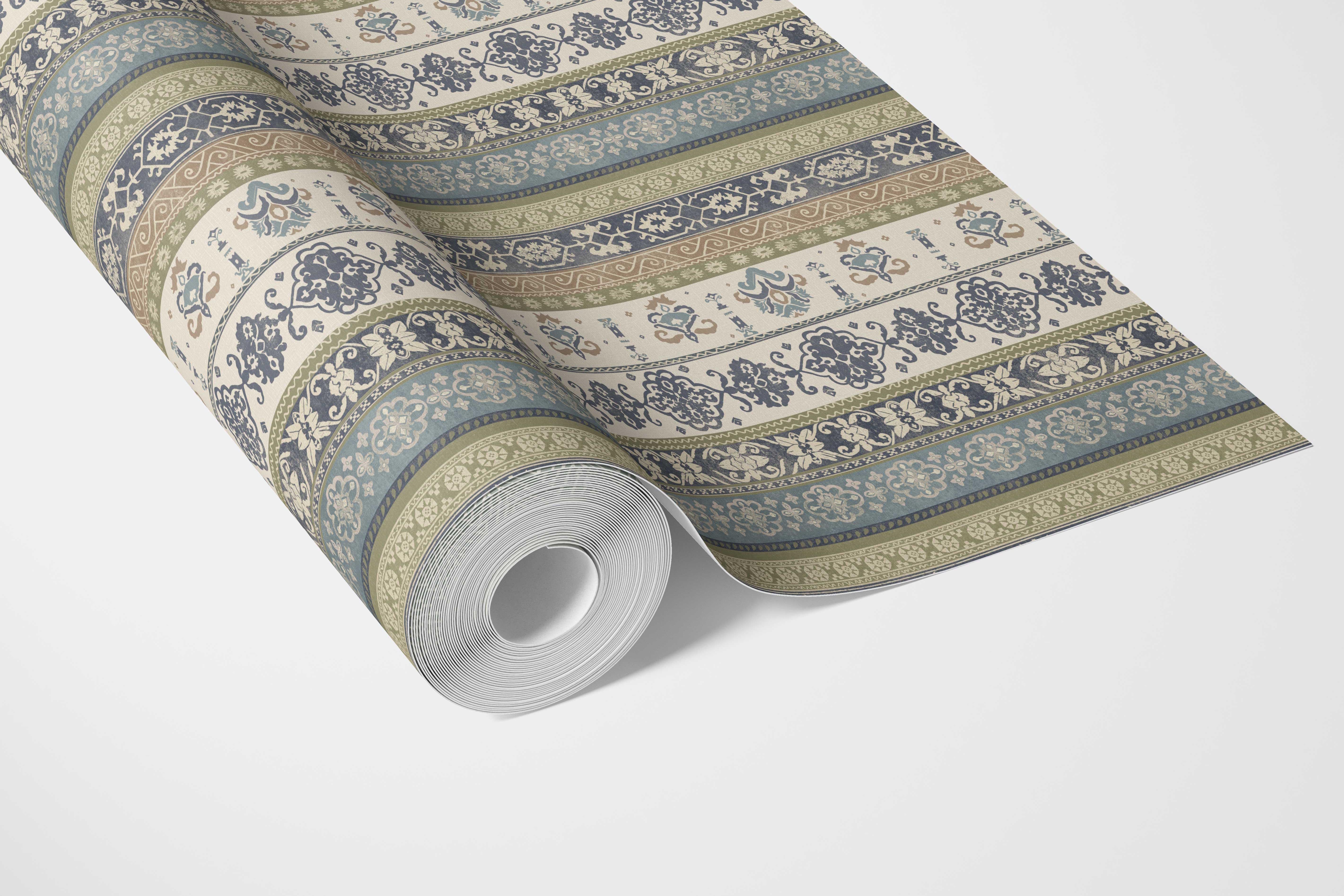 Vintage Bohemian Striped Bathroom Wallpaper Sample (Navy Blue/ Olive Green/ Gray/ Brown)
