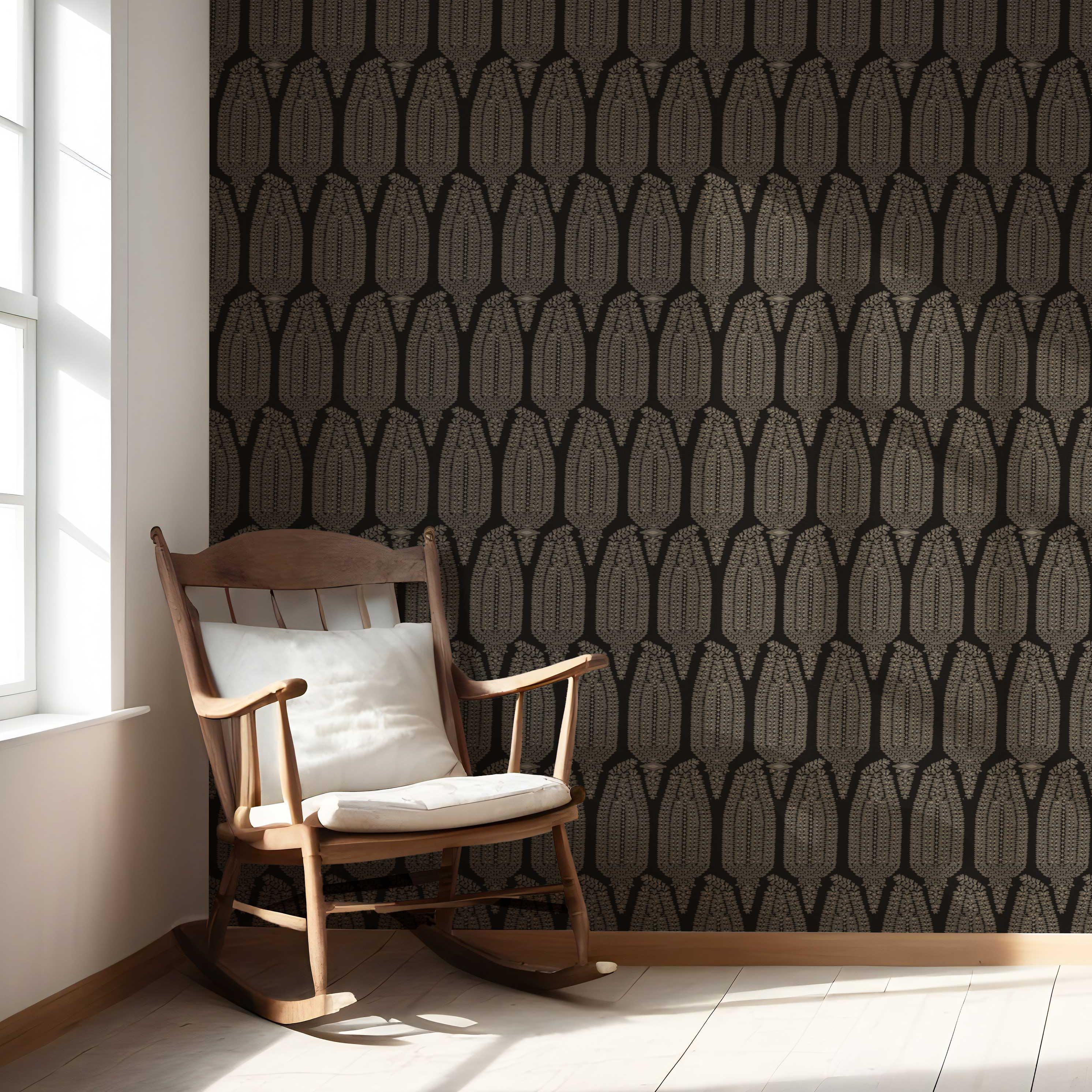 Neutral Paisley Floral Nursery Wallpaper Sample (Black/ Beige)