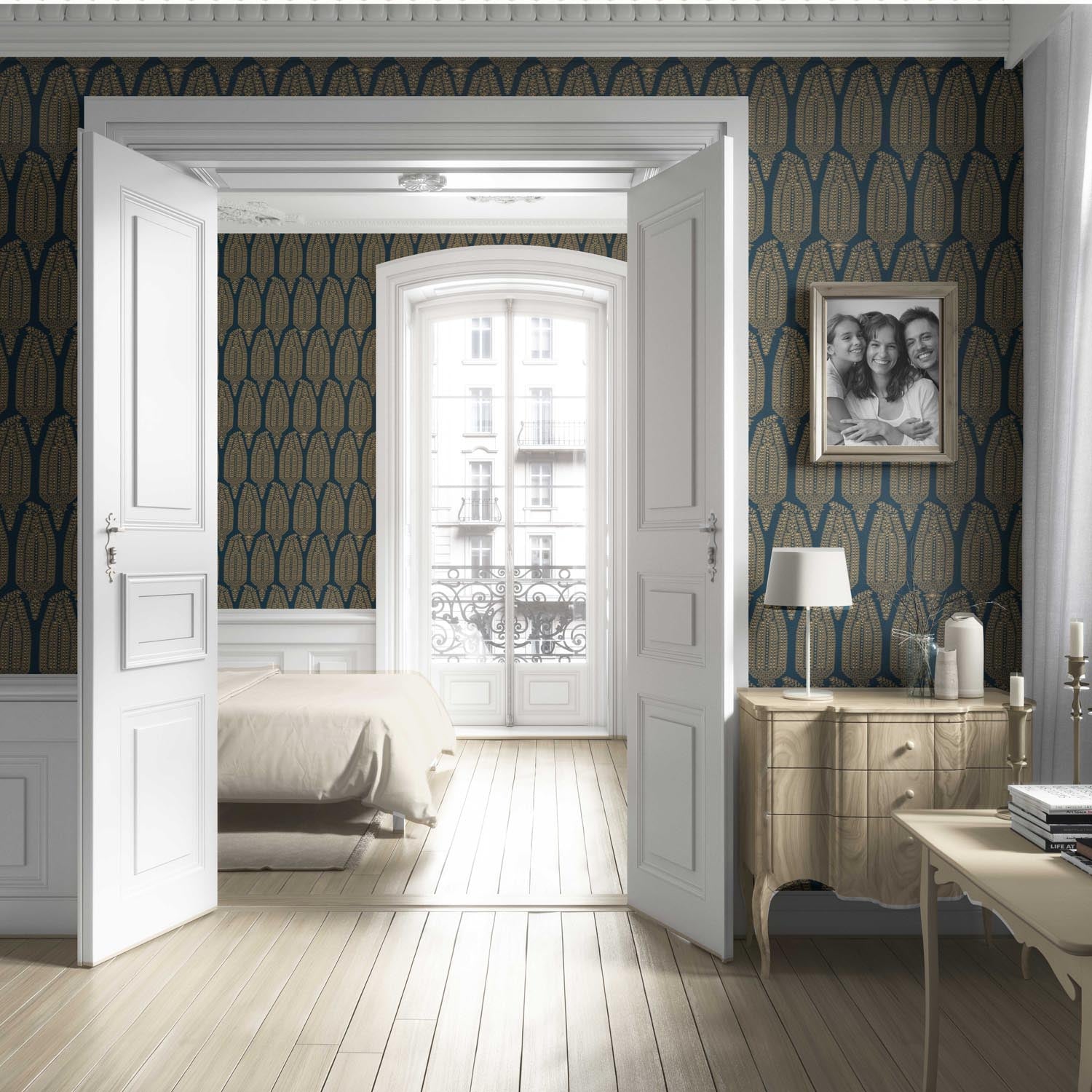 Paisley Floral Living Room Wallpaper Sample (Teal Blue/ Gold)