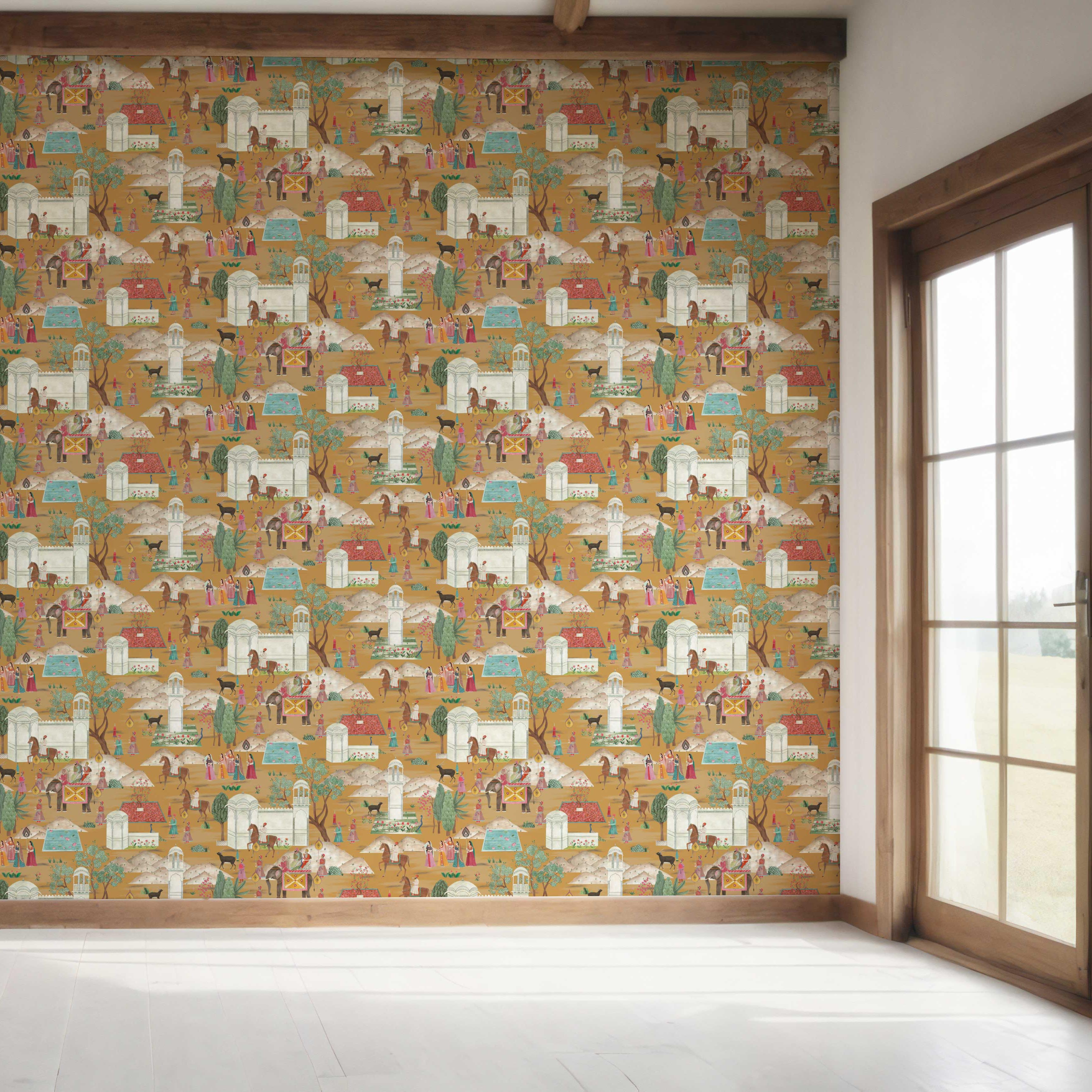 Ethnic/ Heritage/ Horses & Castles Print Bedroom Wallpaper Sample (Yellow/ Red/ Green/ Blue/ Pink)