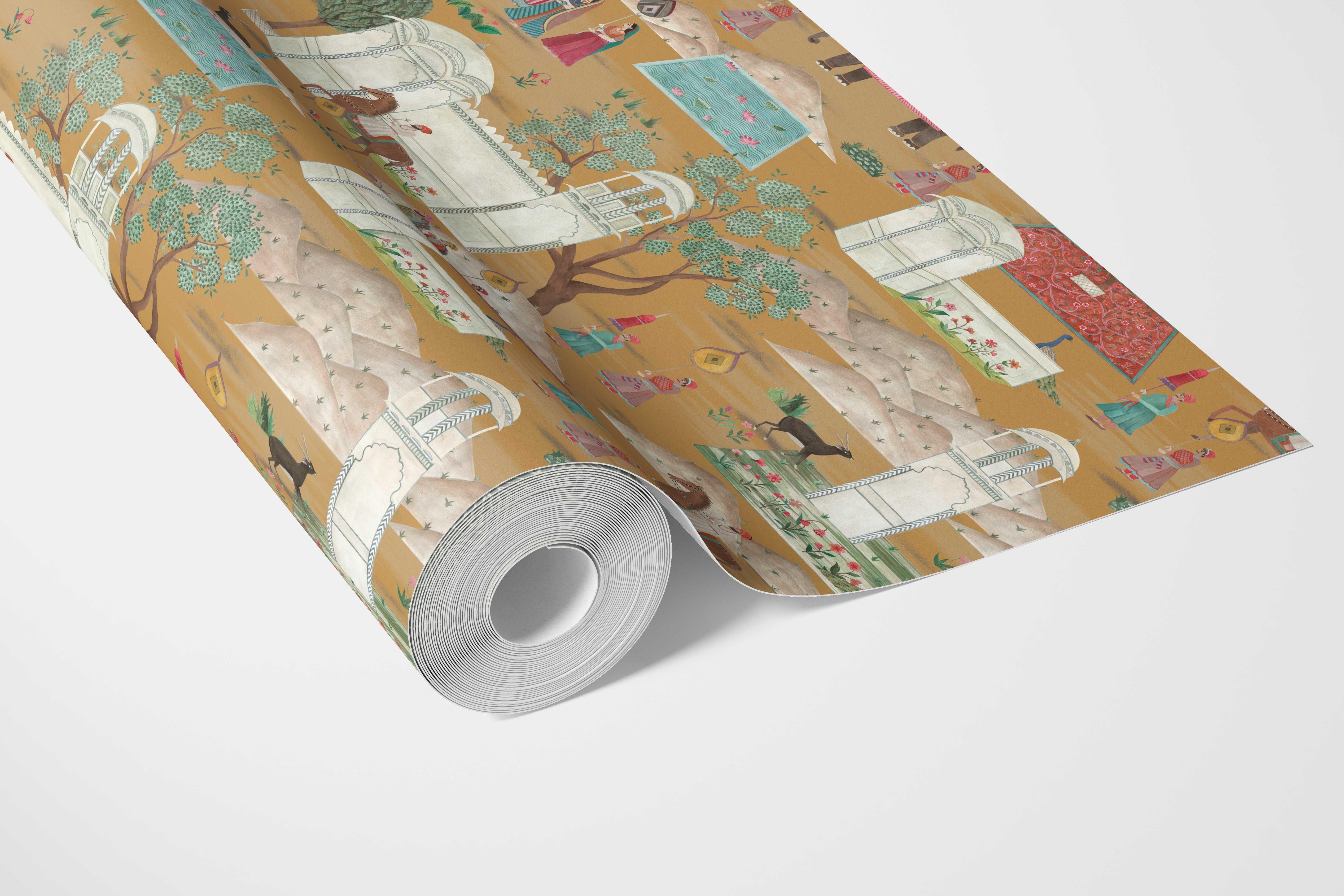 Ethnic/ Heritage/ Horses & Castles Print Bathroom Wallpaper (Yellow/ Red/ Green/ Blue/ Pink)