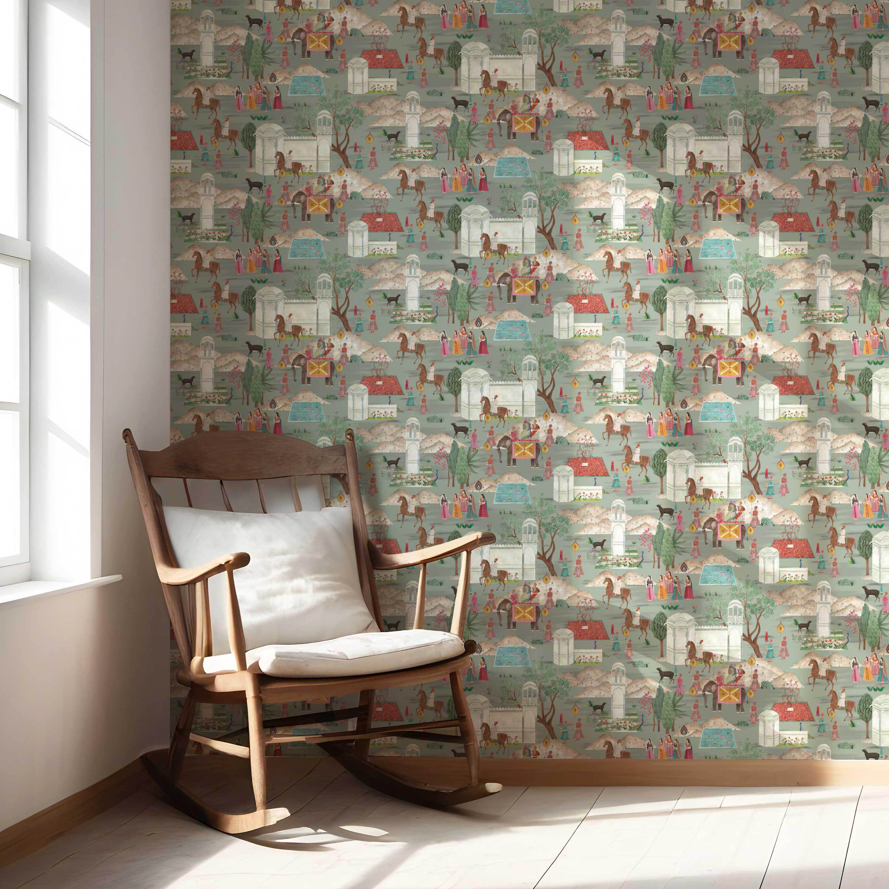 Ethnic/ Heritage/ Horses & Castles Print Nursery Wallpaper (Green/ Blue/ Red/ Pink/ Yellow)