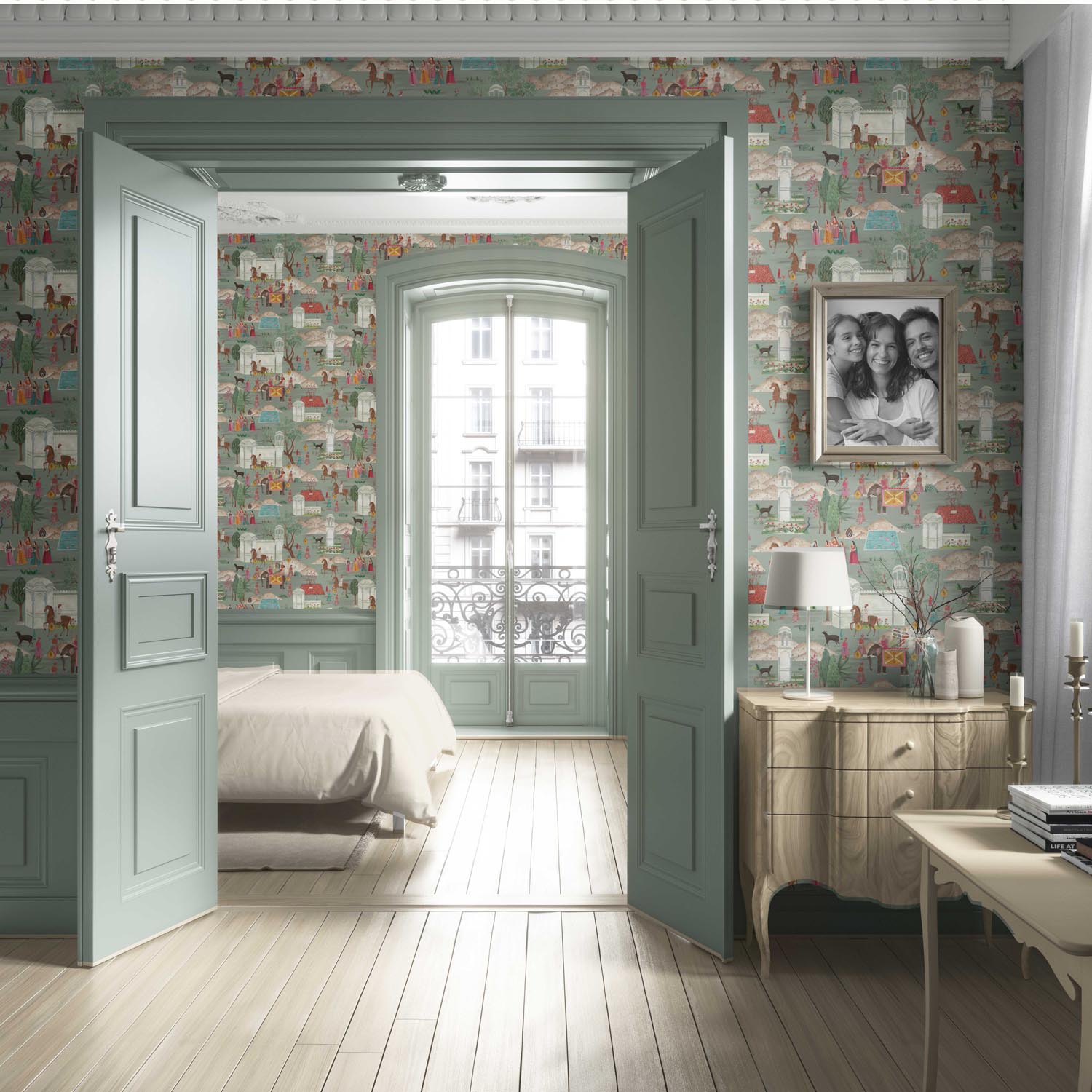Ethnic/ Heritage/ Horses & Castles Print Living Room Wallpaper (Green/ Blue/ Red/ Pink/ Yellow)