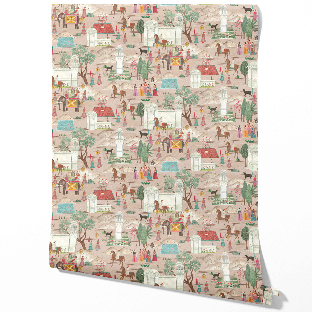 Ethnic/ Heritage/ Horses & Castles Print Traditional Wallpaper Sample (Pink/ Green/ Red/ Blue)