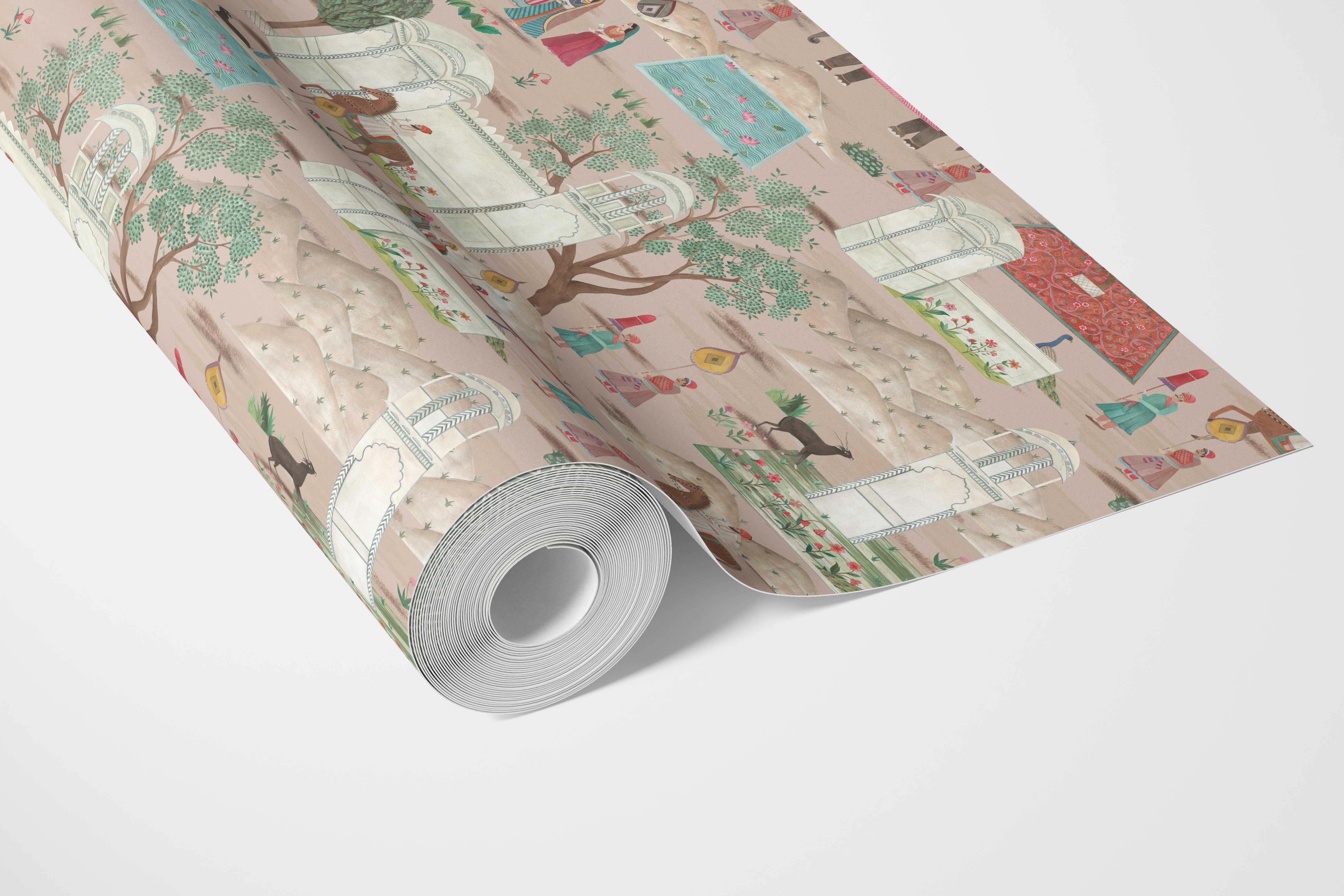 Ethnic/ Heritage/ Horses & Castles Print Bathroom Wallpaper Sample (Pink/ Green/ Red/ Blue)