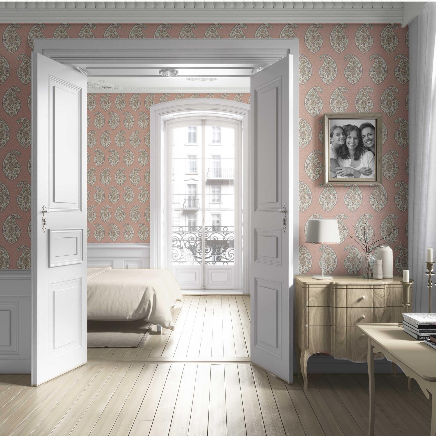 Paisley Floral Print Living Room Wallpaper Sample (Peach/ Pink/ Green)