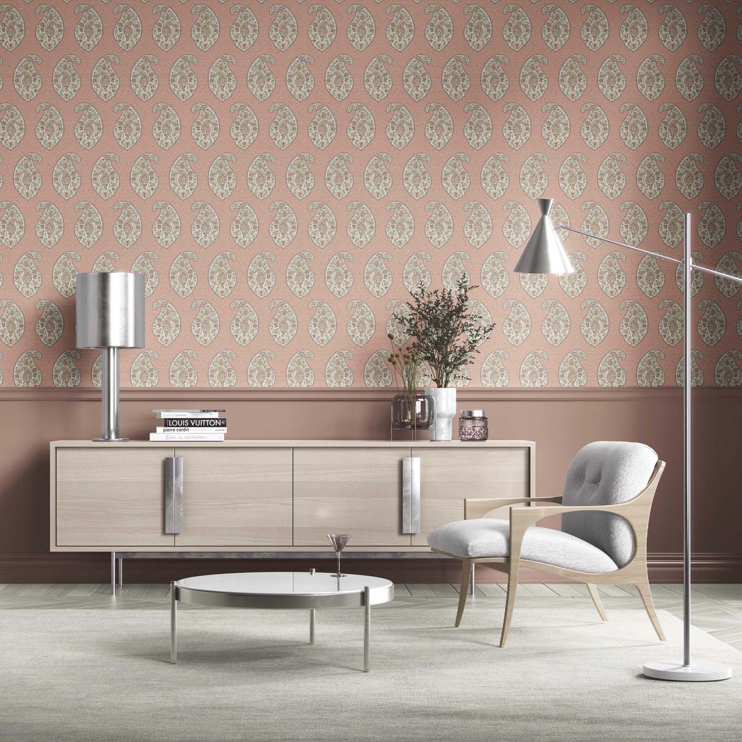 Paisley Floral Print Kitchen Wallpaper Sample (Peach/ Pink/ Green)