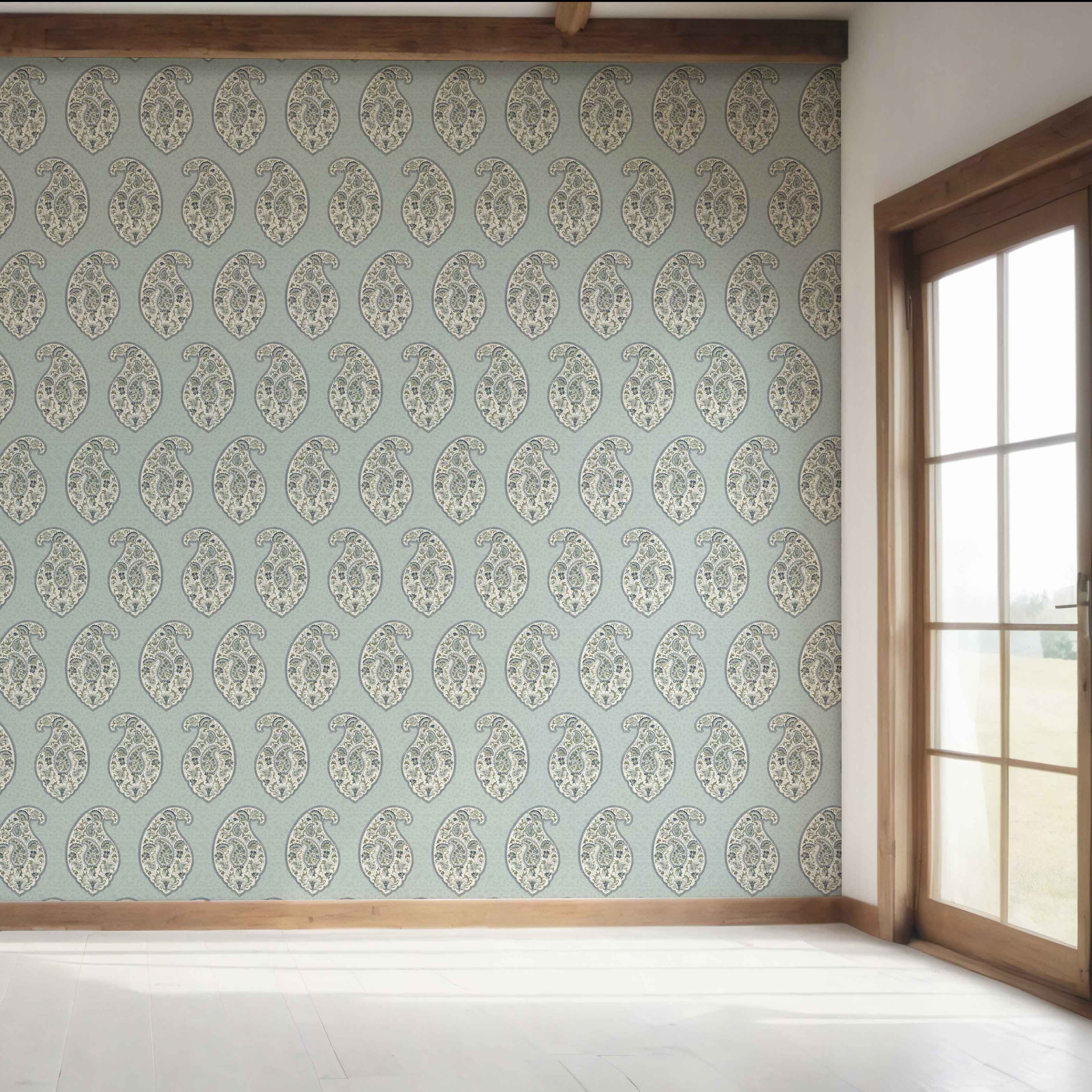 Paisley Floral Print Bedroom Wallpaper Sample (Blue/ Green/ Gray)