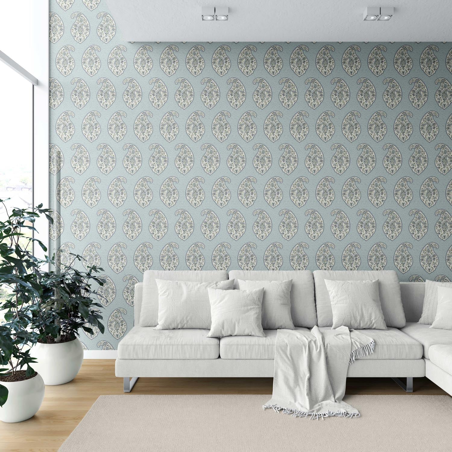 Paisley Floral Print Shower Toilet Wallpaper Sample (Blue/ Green/ Gray)