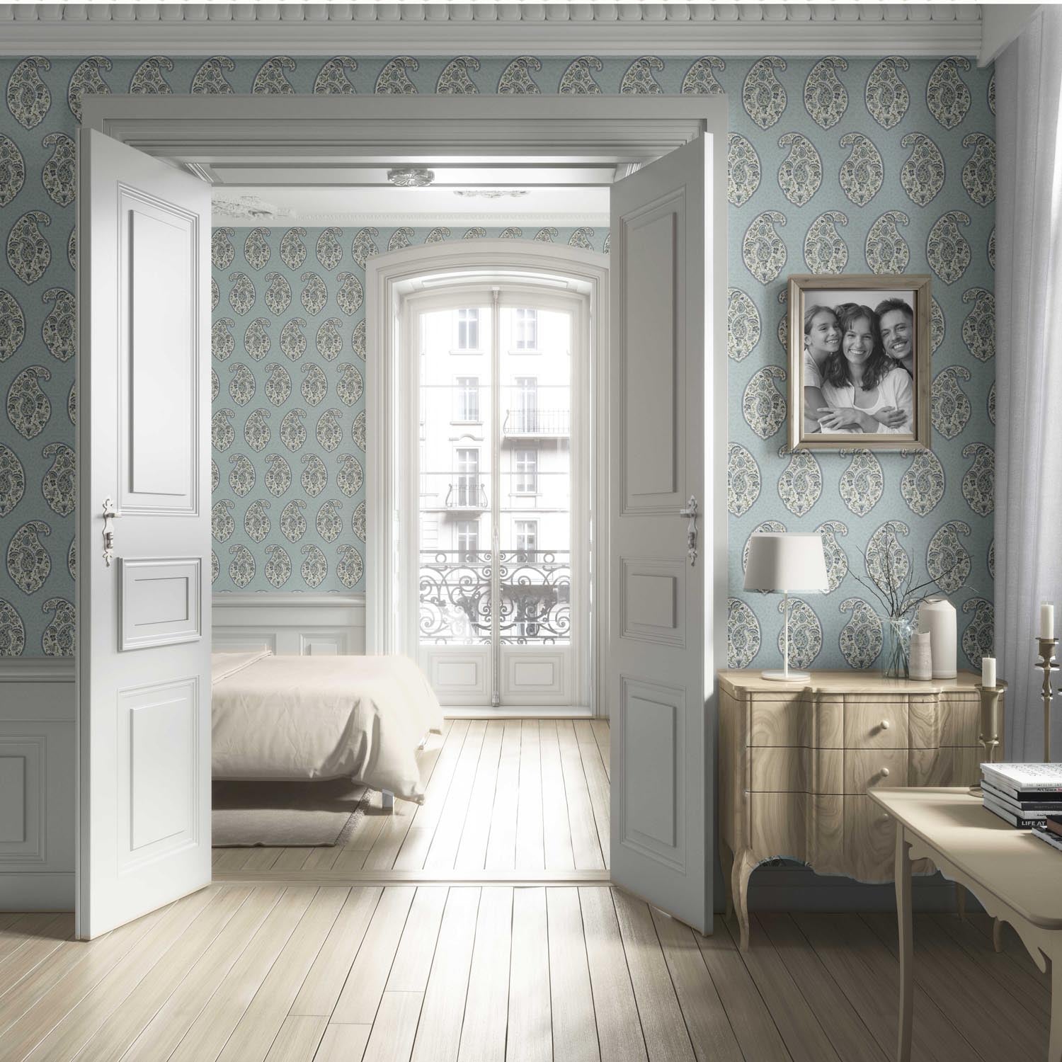 Paisley Floral Print Living Room Wallpaper Sample (Blue/ Green/ Gray)