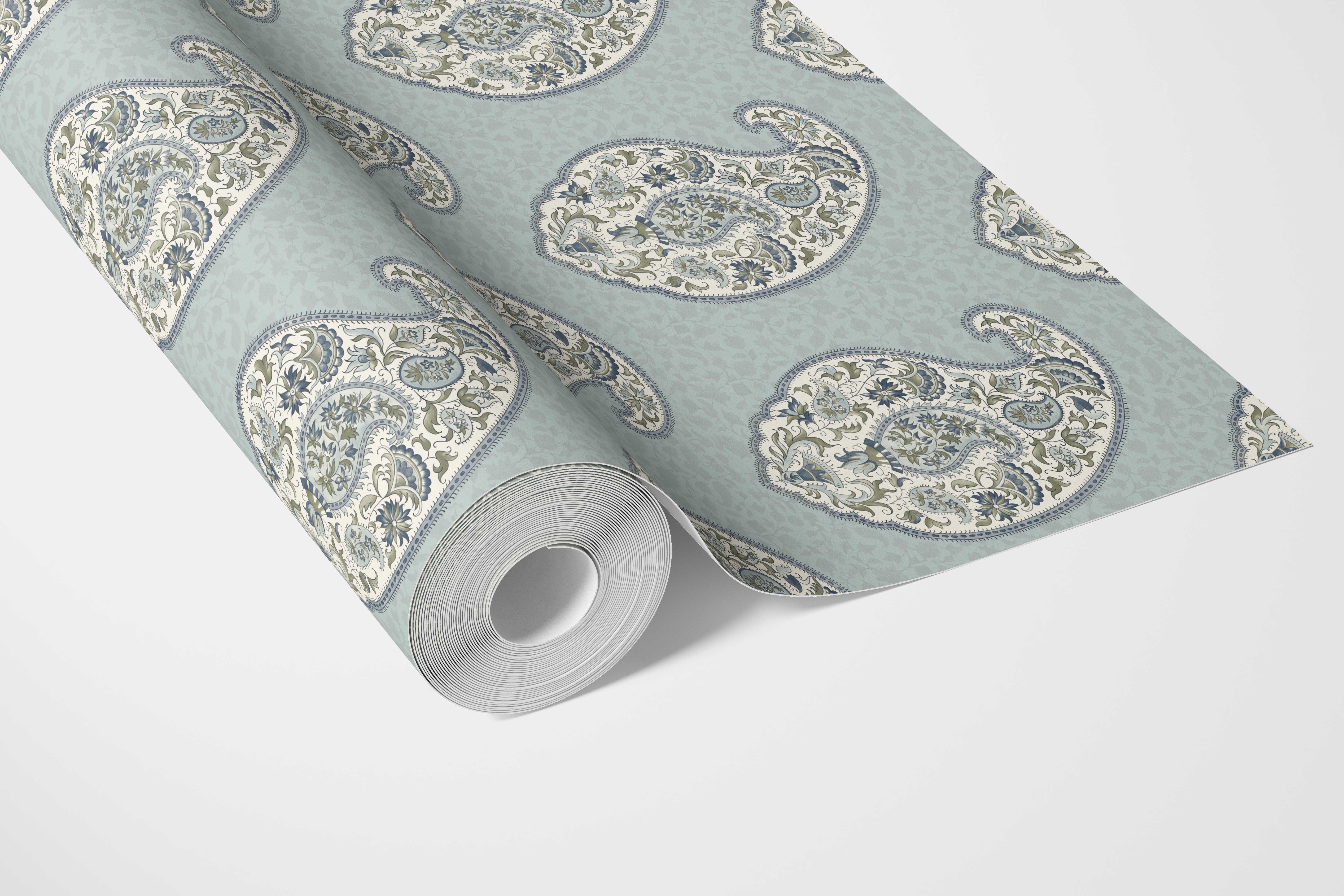 Paisley Floral Print Bathroom Wallpaper Sample (Blue/ Green/ Gray)