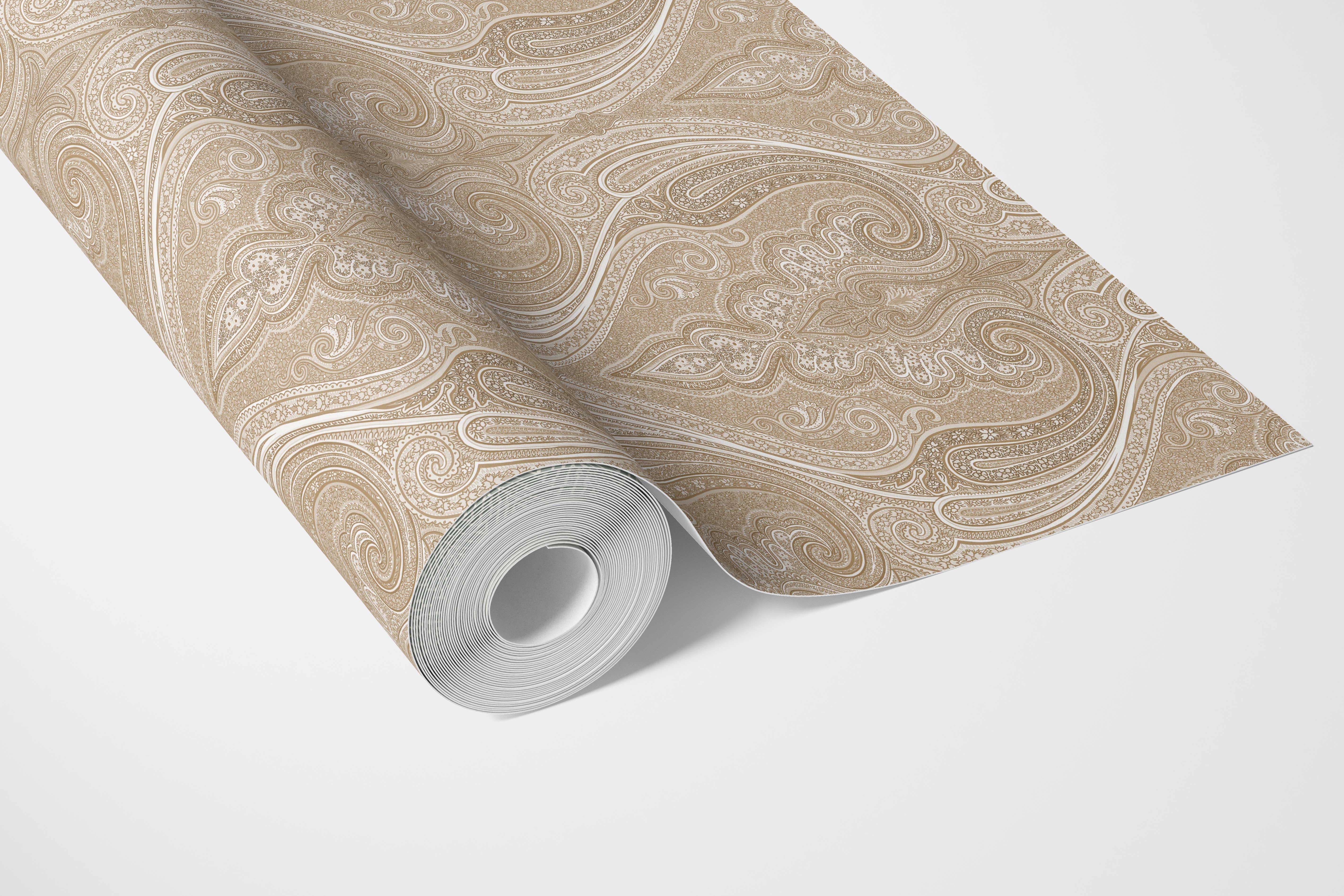 Neutral Paisley Floral/ Damask Patterned Bathroom Wallpaper Sample (Brown/ Beige/ Taupe)