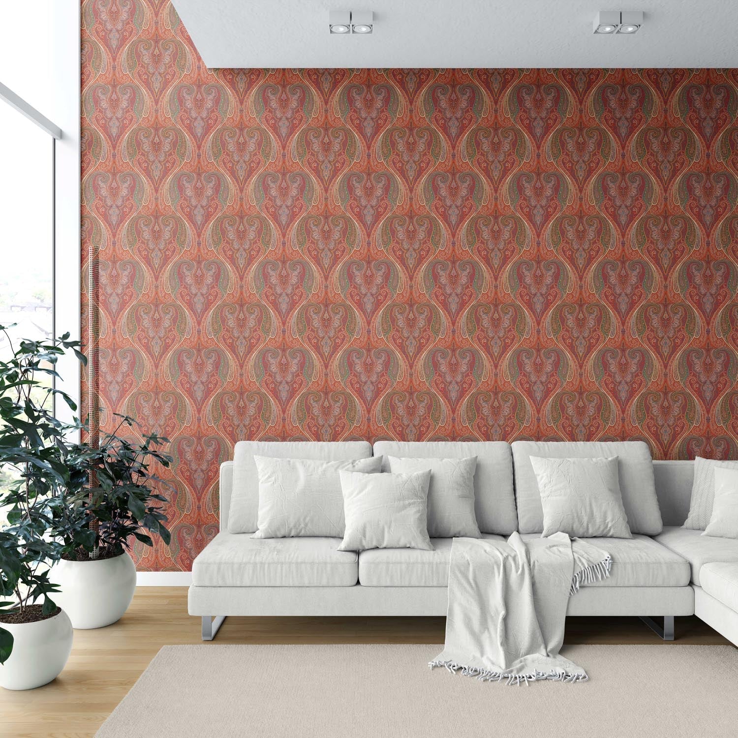 Paisley Floral/ Damask Patterned Shower Toilet Wallpaper Sample (Red/ Orange/ Green/ Yellow)