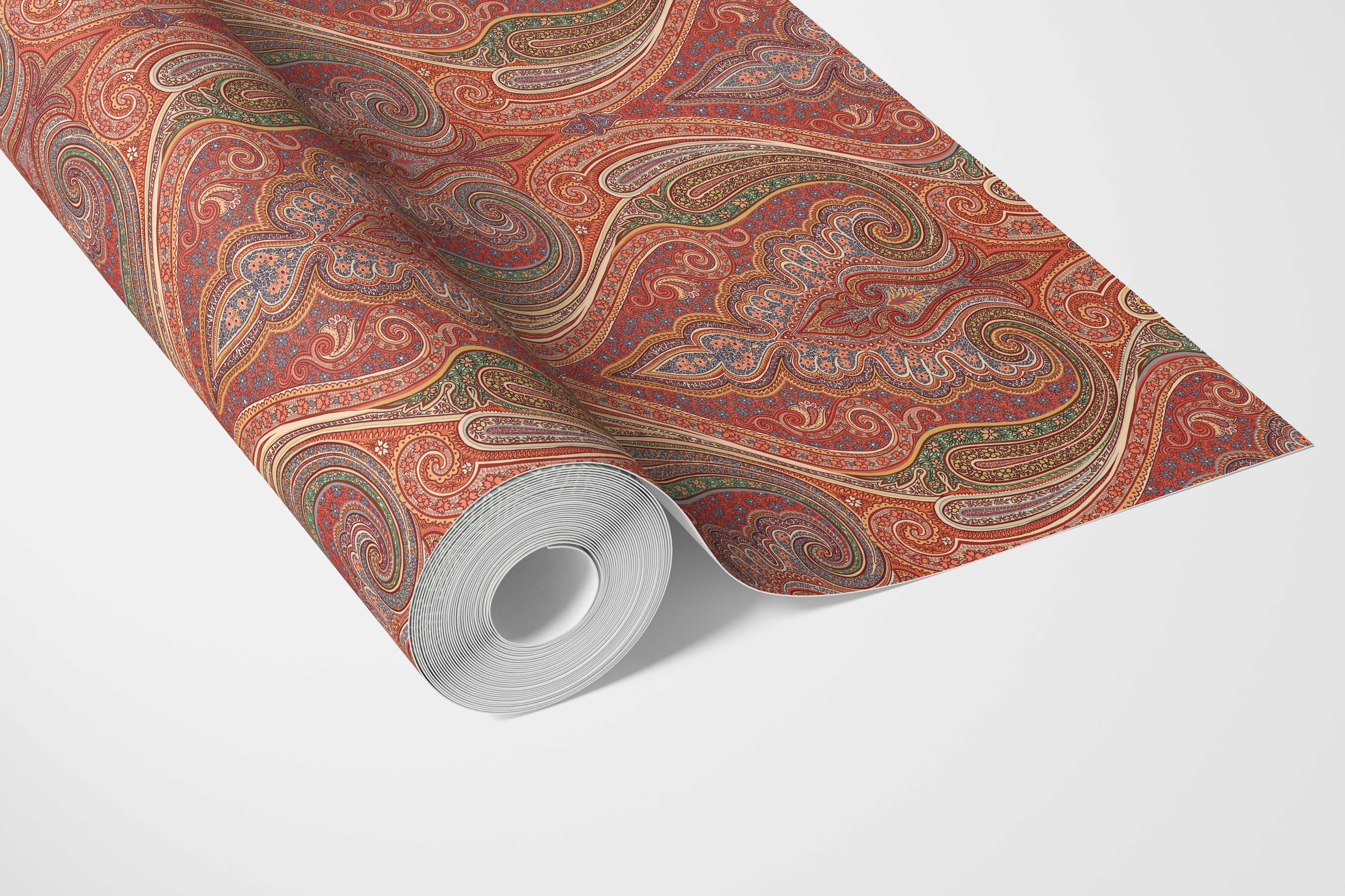 Paisley Floral/ Damask Patterned Bathroom Wallpaper Sample (Red/ Orange/ Green/ Yellow)