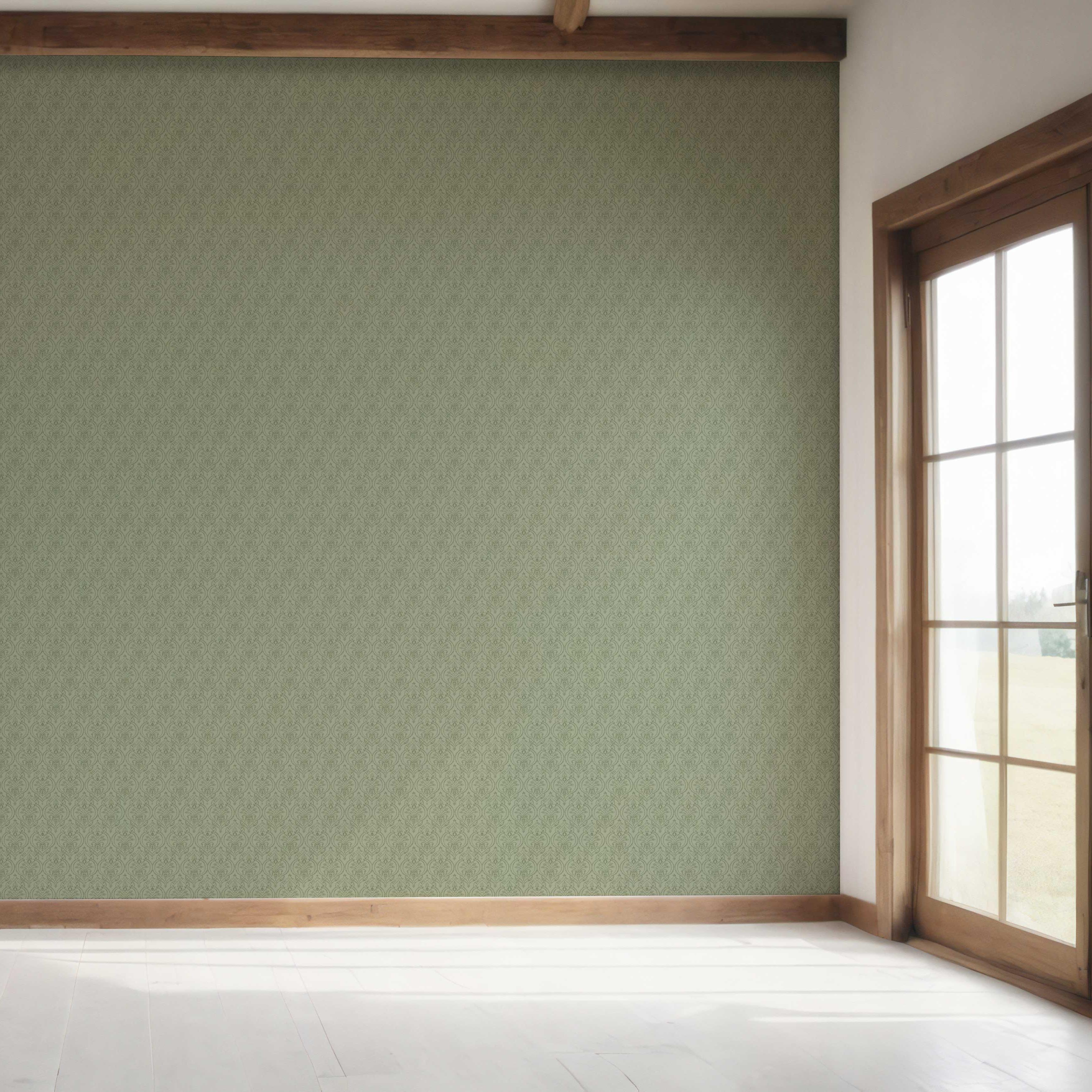 Self-Patterned Damask Floral Bedroom Wallpaper Sample (Olive Green)