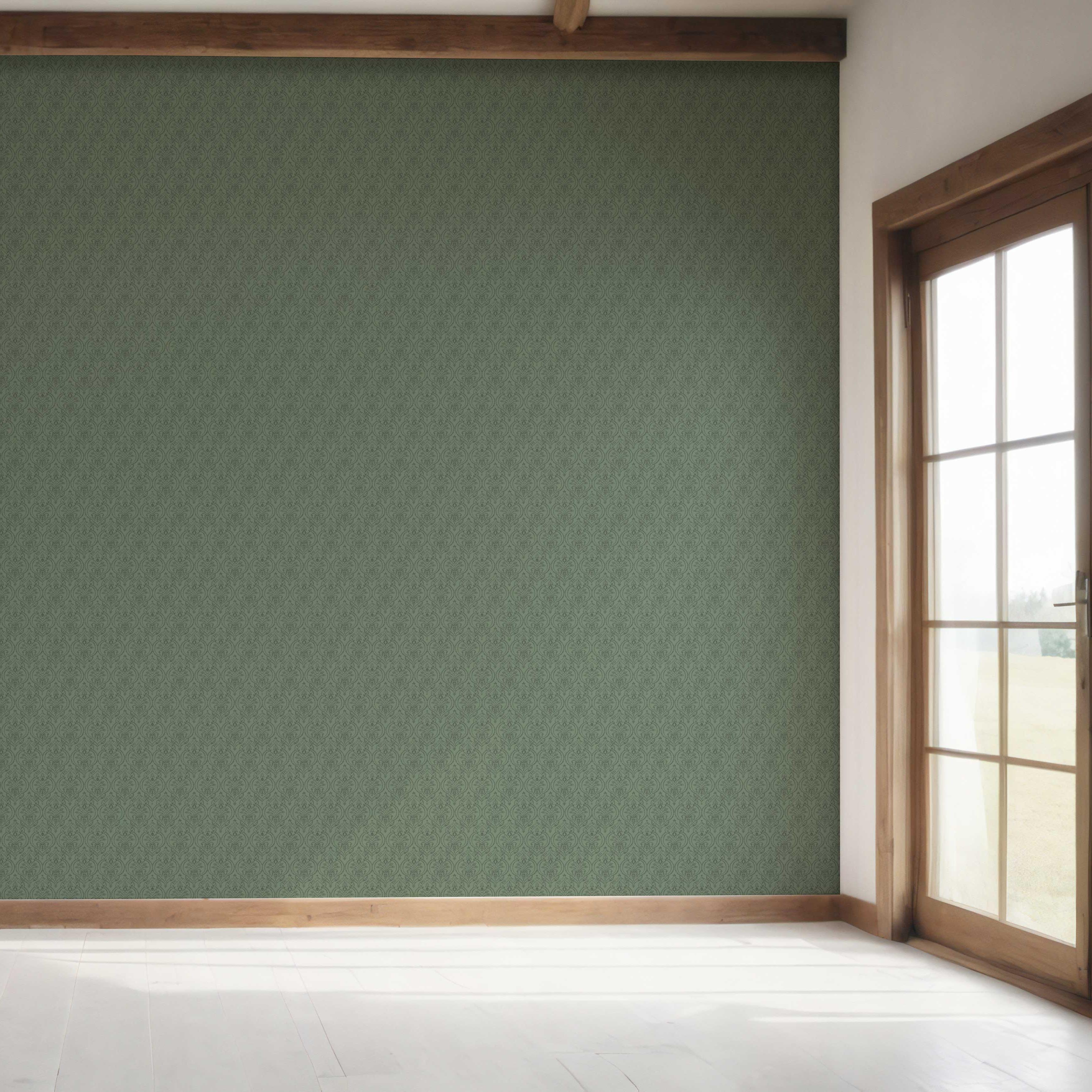 Self-Patterned Damask Floral Bedroom Wallpaper Sample (Hunter Green)