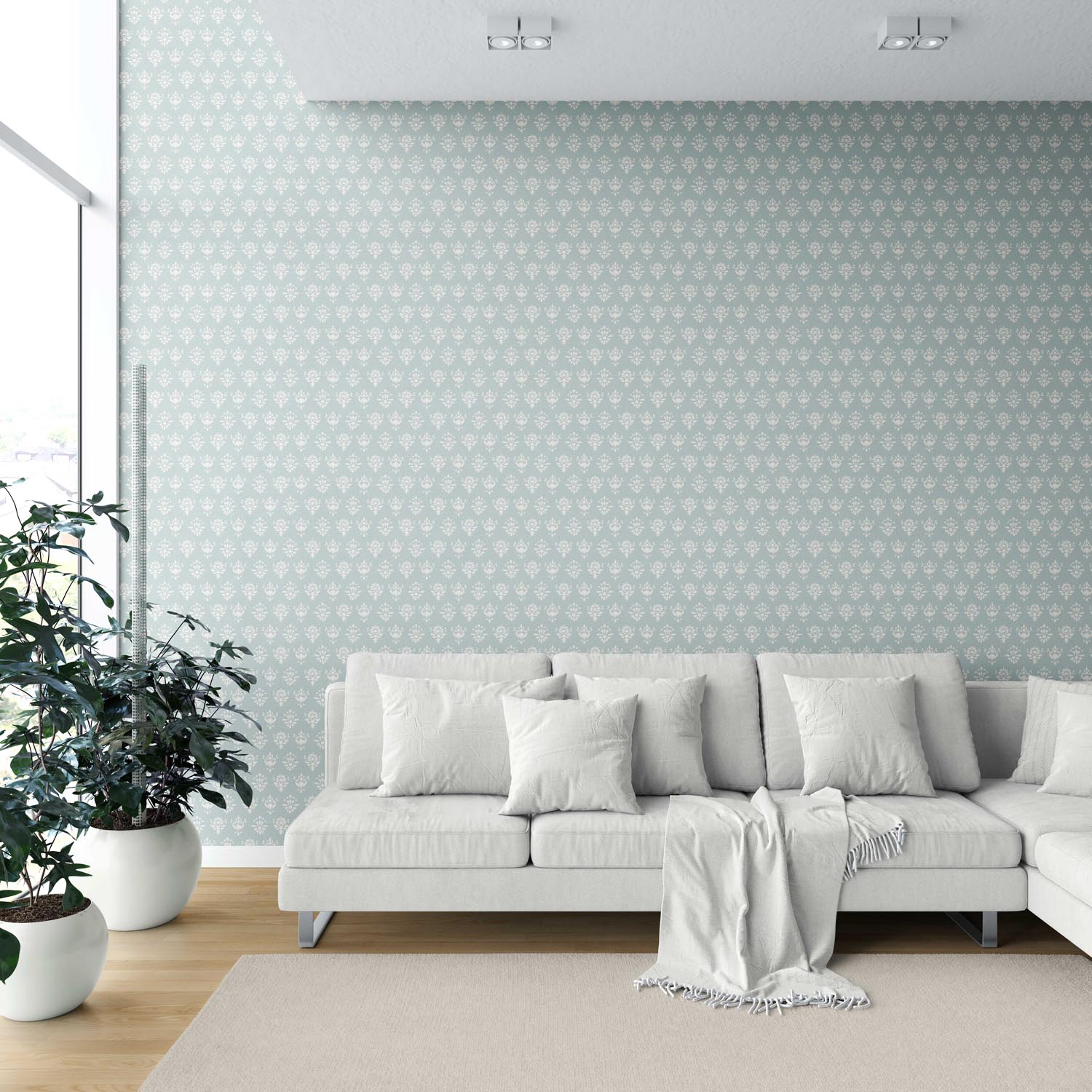 Floral Block Print Shower Toilet Wallpaper Sample (Duck Egg Blue/ Off-White)