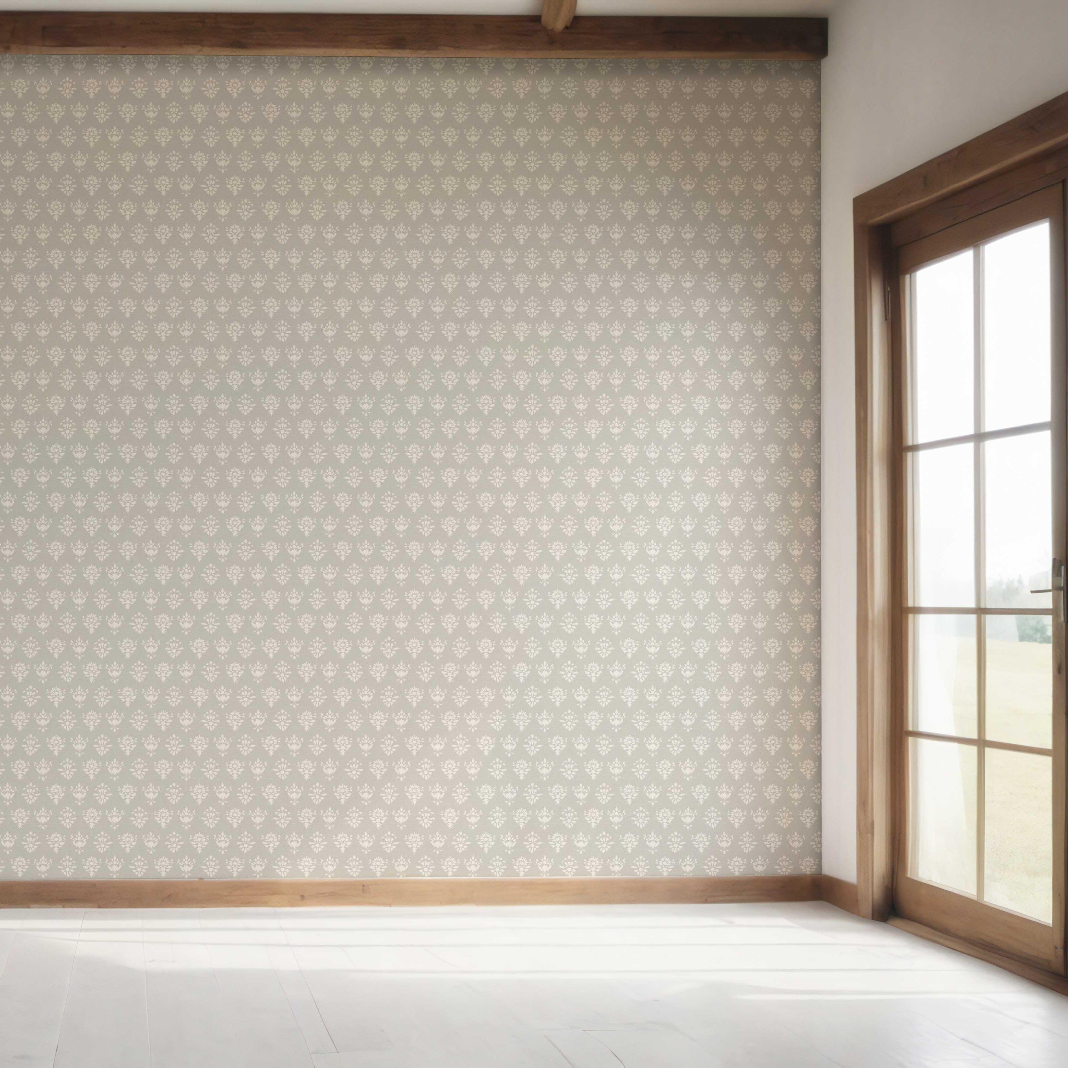 Neutral Floral Block Print Bedroom Wallpaper Sample (Warm Gray/ Beige/ Taupe/ Off-White)