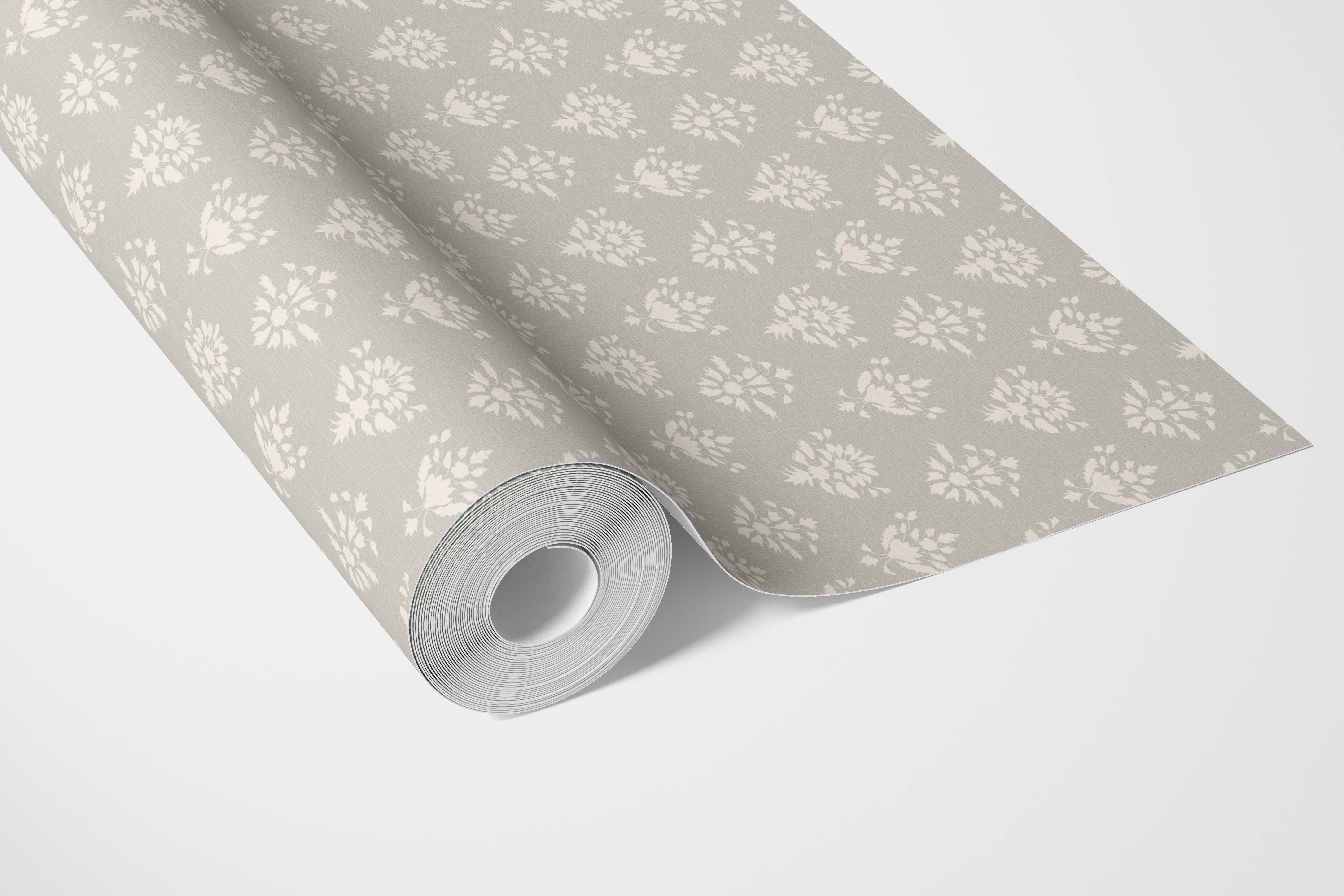 Neutral Floral Block Print Kitchen Wallpaper Sample (Warm Gray/ Beige/ Taupe/ Off-White)