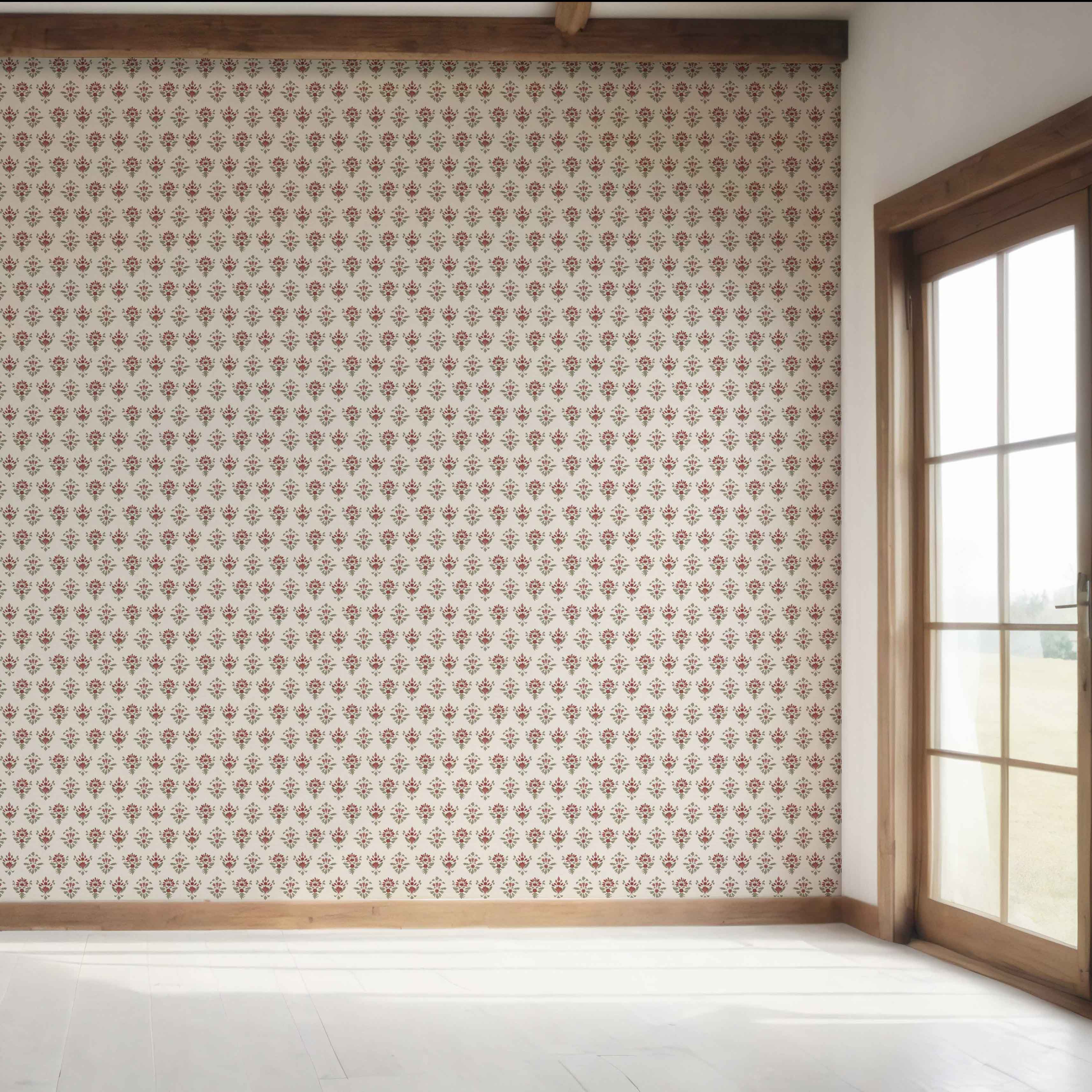 Floral Block Print Bedroom Wallpaper Sample (Red/ Green)