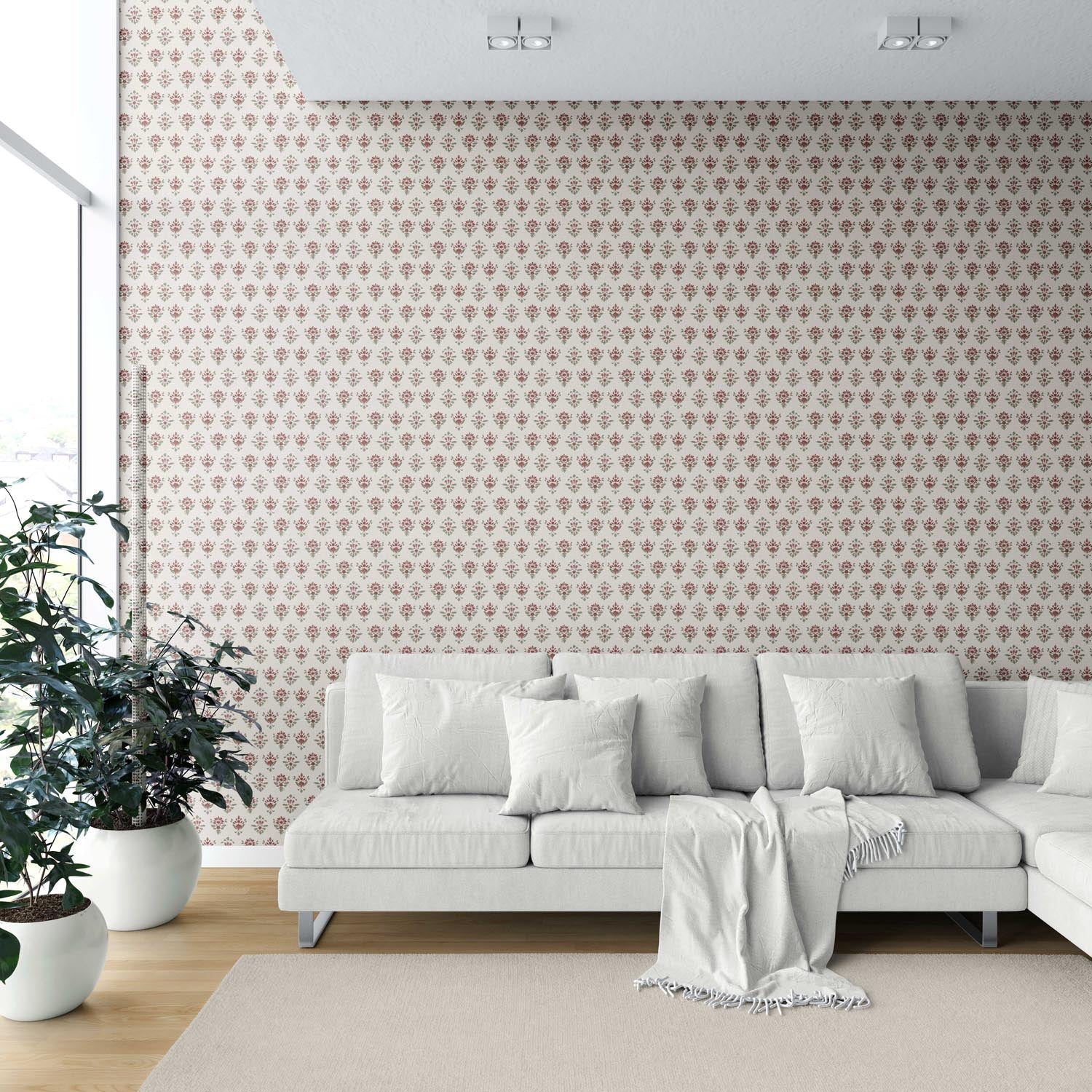 Floral Block Print Shower Toilet Wallpaper Sample (Red/ Green)