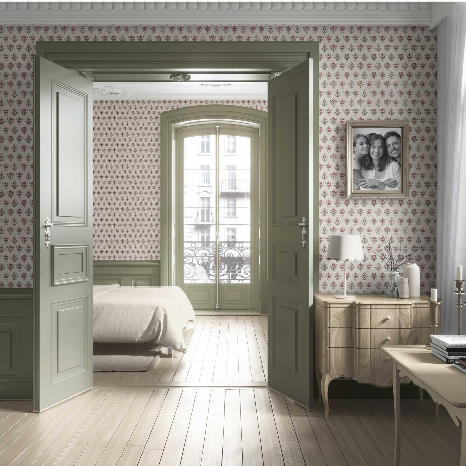 Floral Block Print Living Room Wallpaper Sample (Red/ Green)