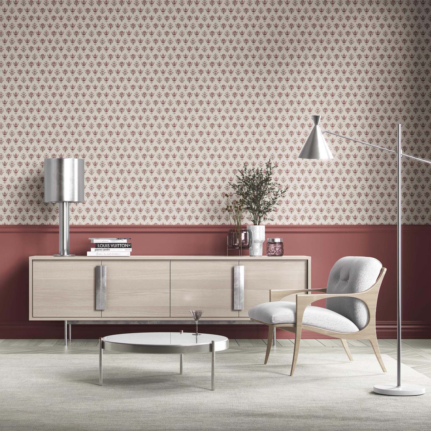 Floral Block Print Bathroom Wallpaper Sample (Red/ Green)