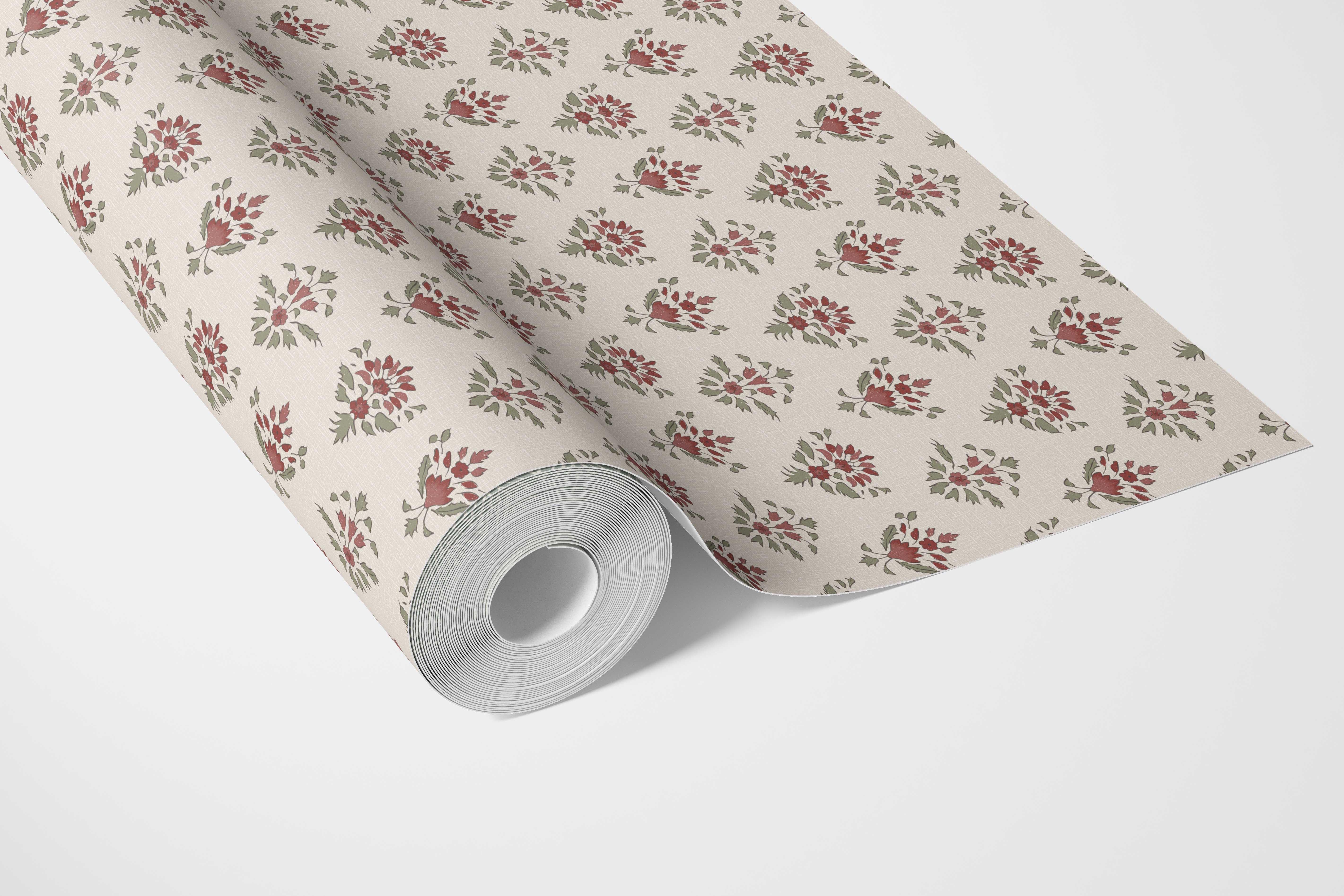 Floral Block Print Kitchen Wallpaper Sample (Red/ Green)