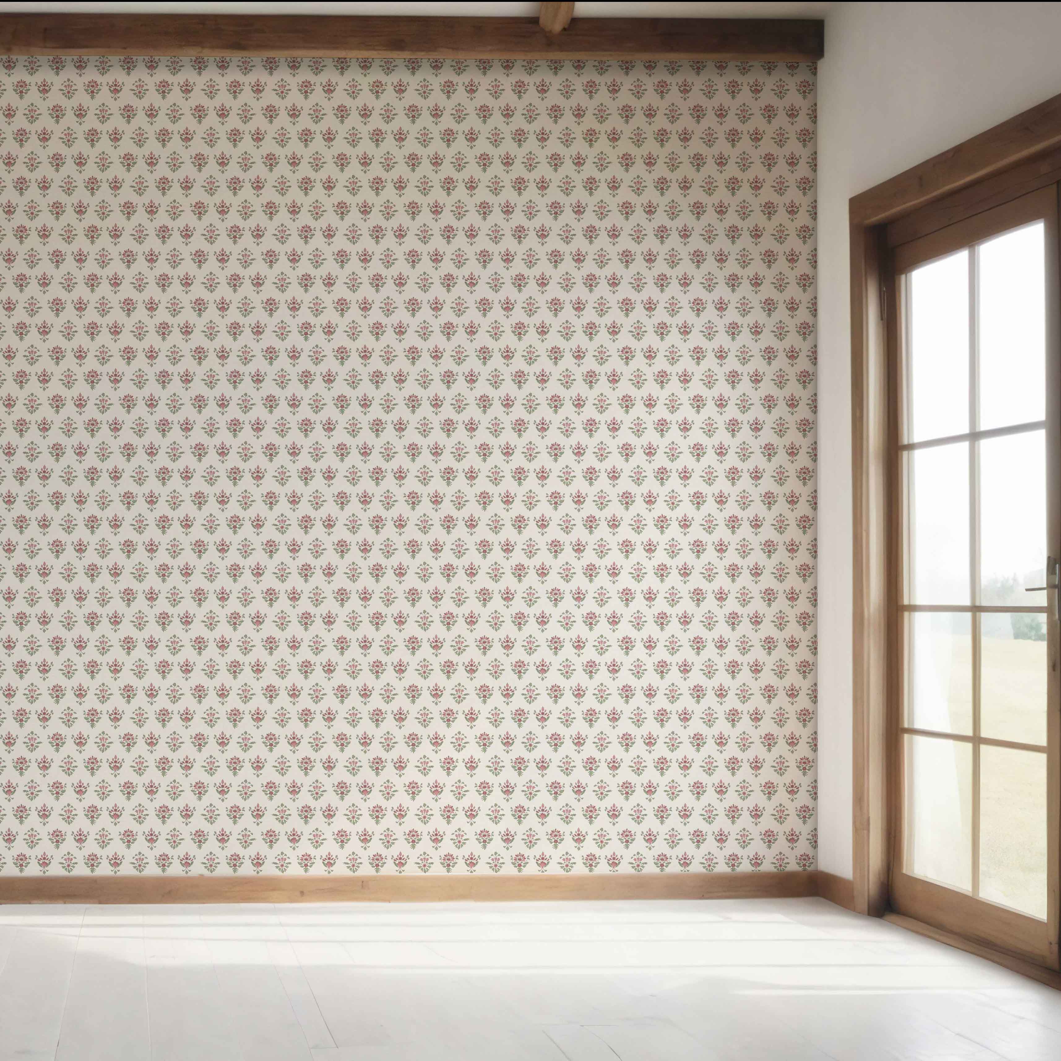 Floral Block Print Bedroom Wallpaper (Pink/ Red/ Green)