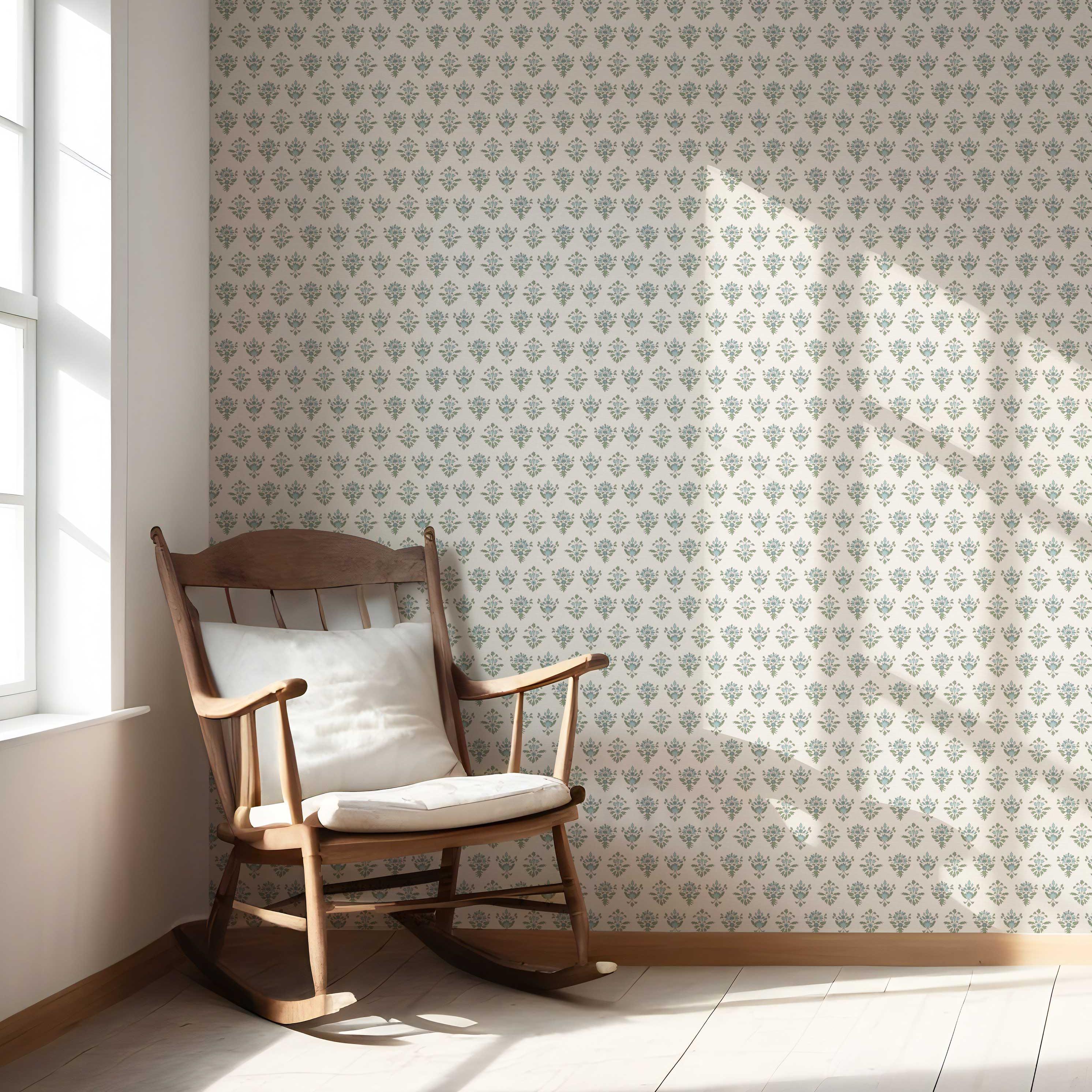 Floral Block Print Nursery Wallpaper Sample (Green/ Pale Blue)