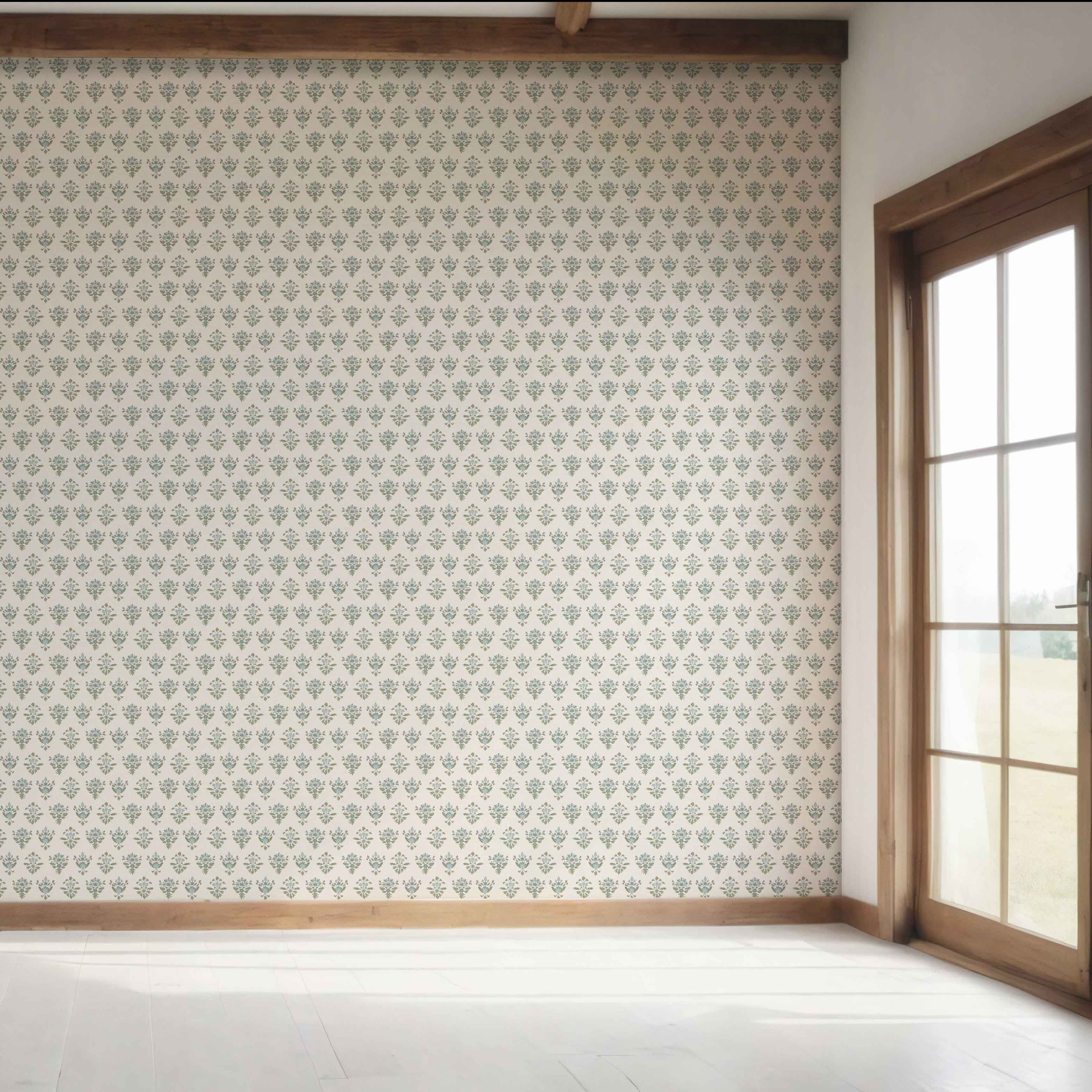 Floral Block Print Bedroom Wallpaper Sample (Green/ Pale Blue)