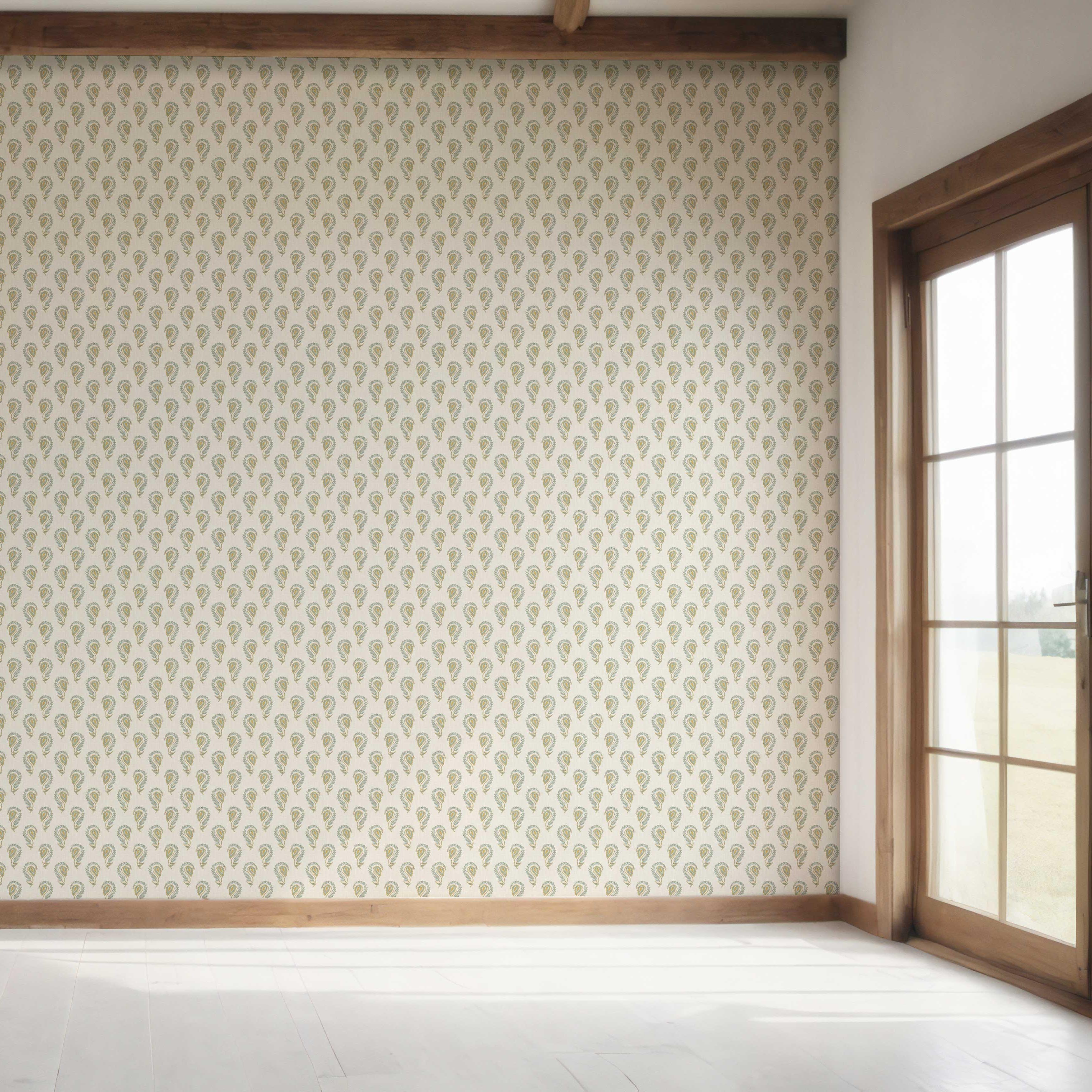 Floral Paisley Bedroom Wallpaper Sample (Duck Egg Blue/ Yellow)