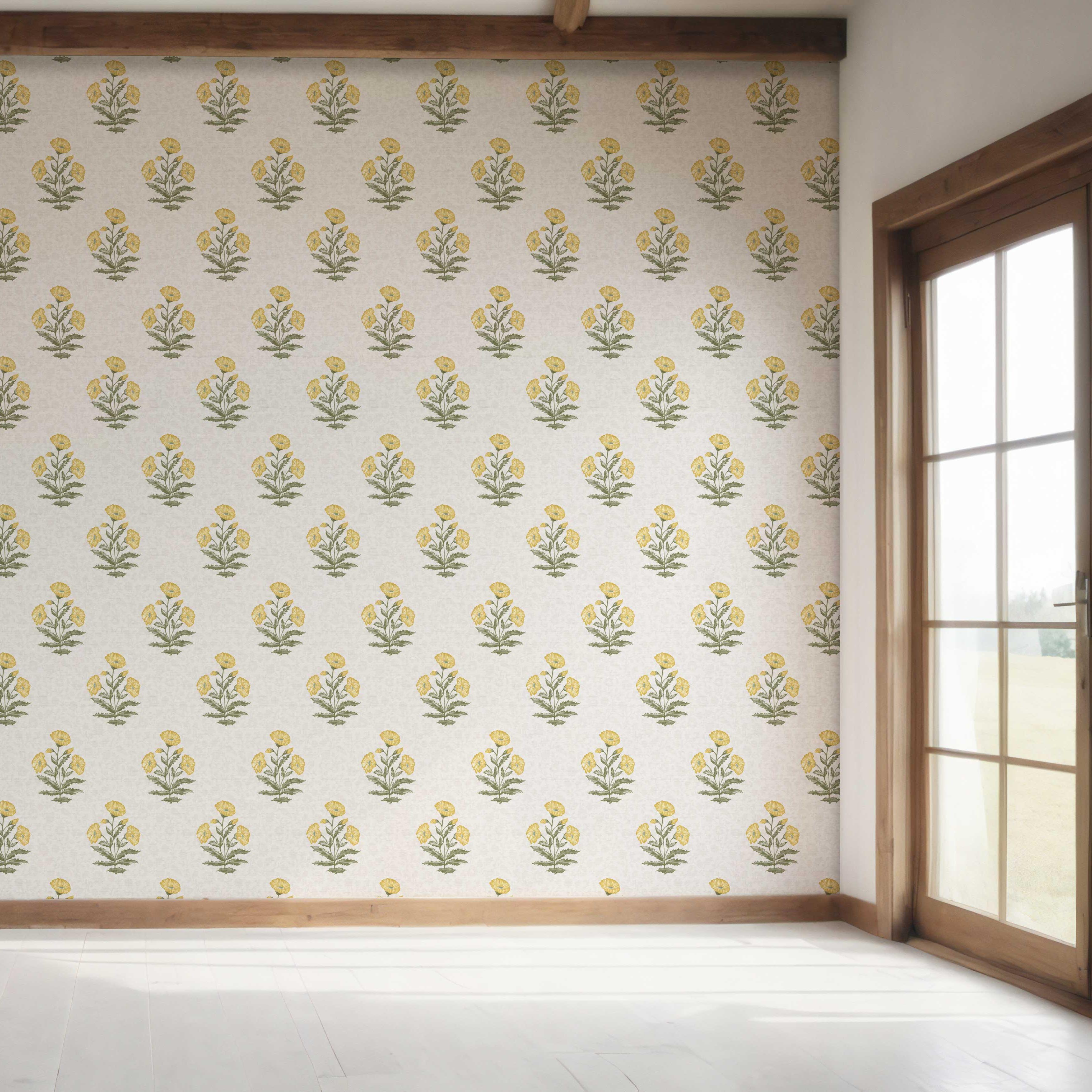 Floral Block Print Bedroom Wallpaper Sample (Yellow/ Green)