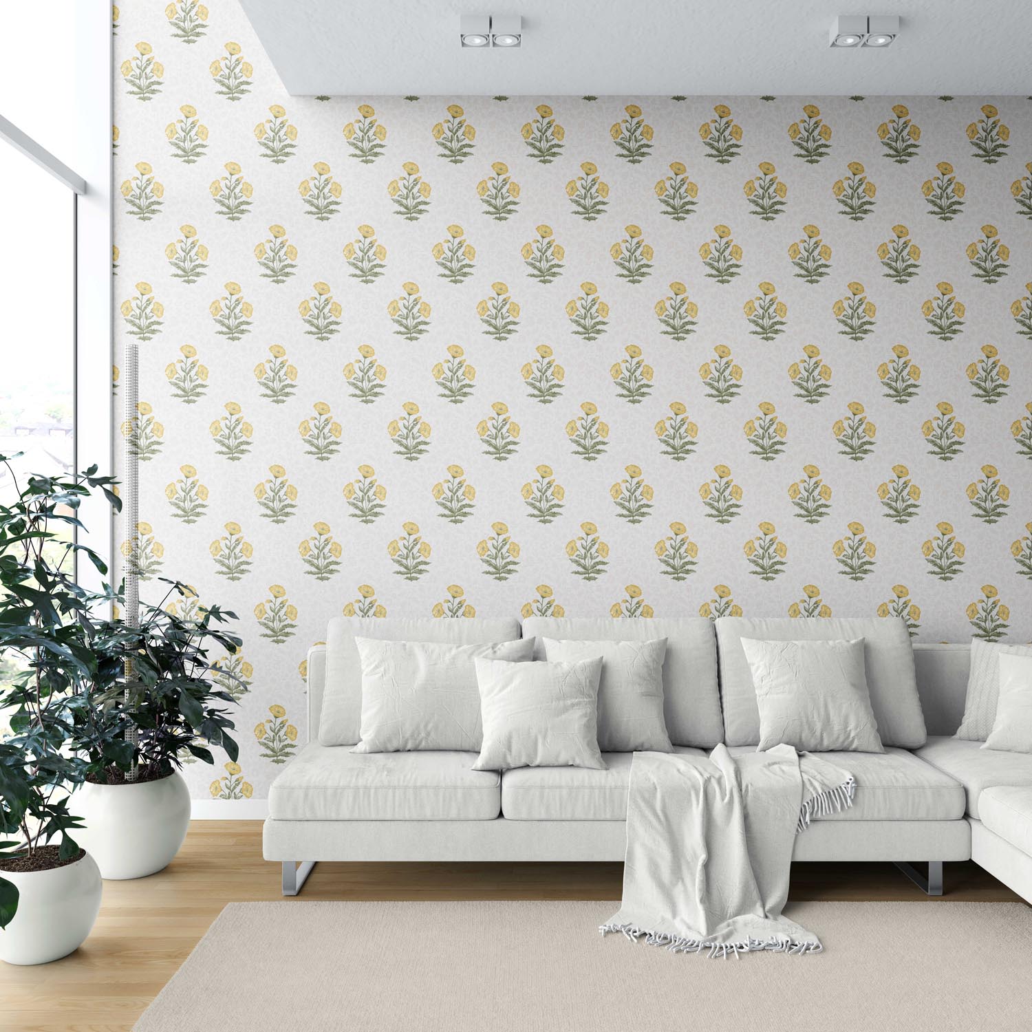 Floral Block Print Shower Toilet Wallpaper Sample (Yellow/ Green)