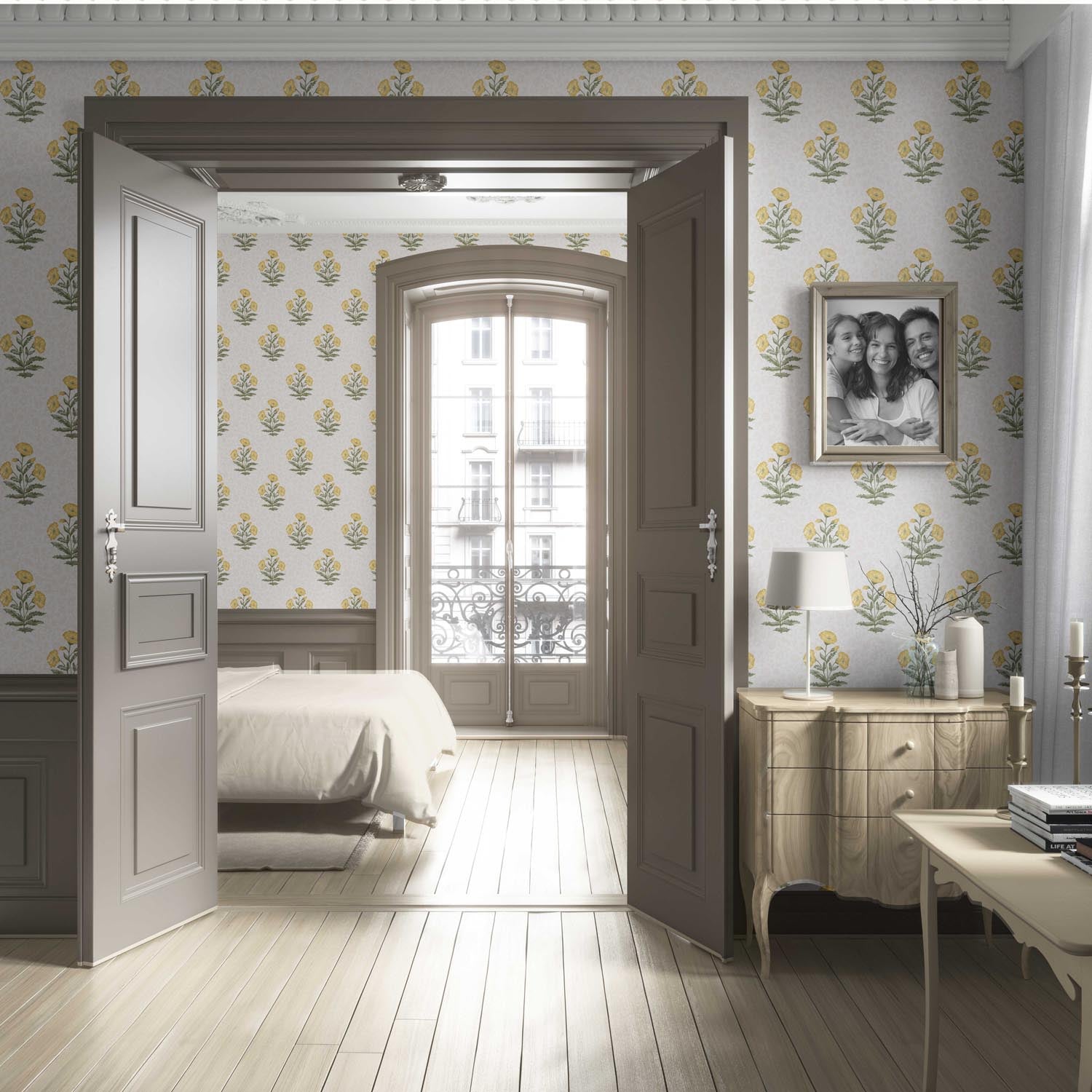 Floral Block Print Living Room Wallpaper Sample (Yellow/ Green)