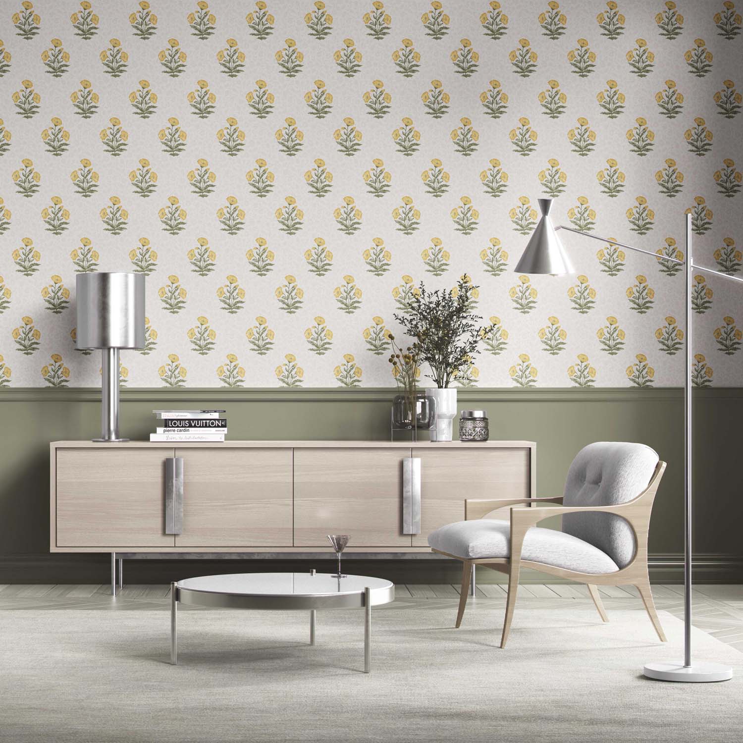 Floral Block Print Kitchen Wallpaper Sample (Yellow/ Green)