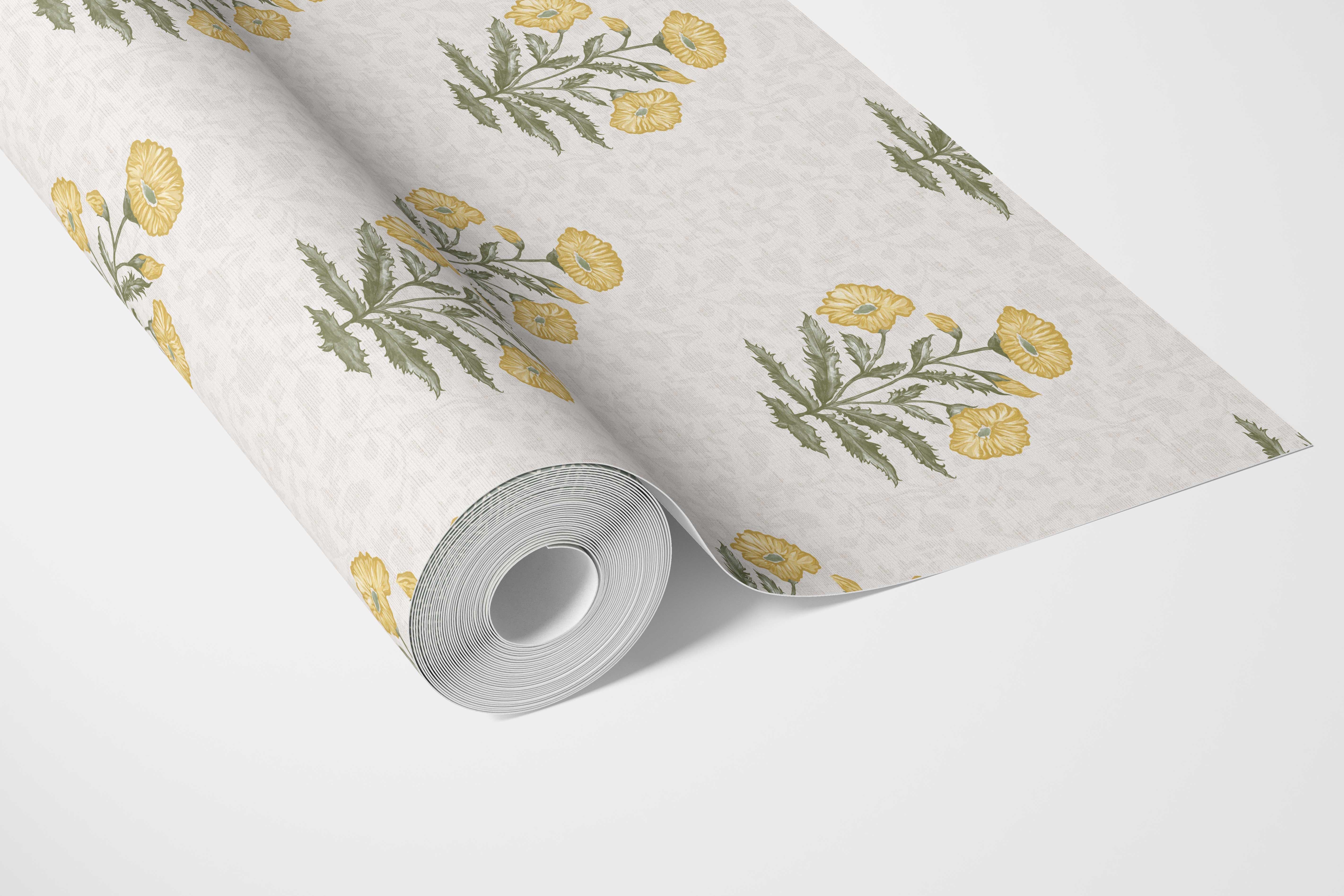 Floral Block Print Bathroom Wallpaper Sample (Yellow/ Green)