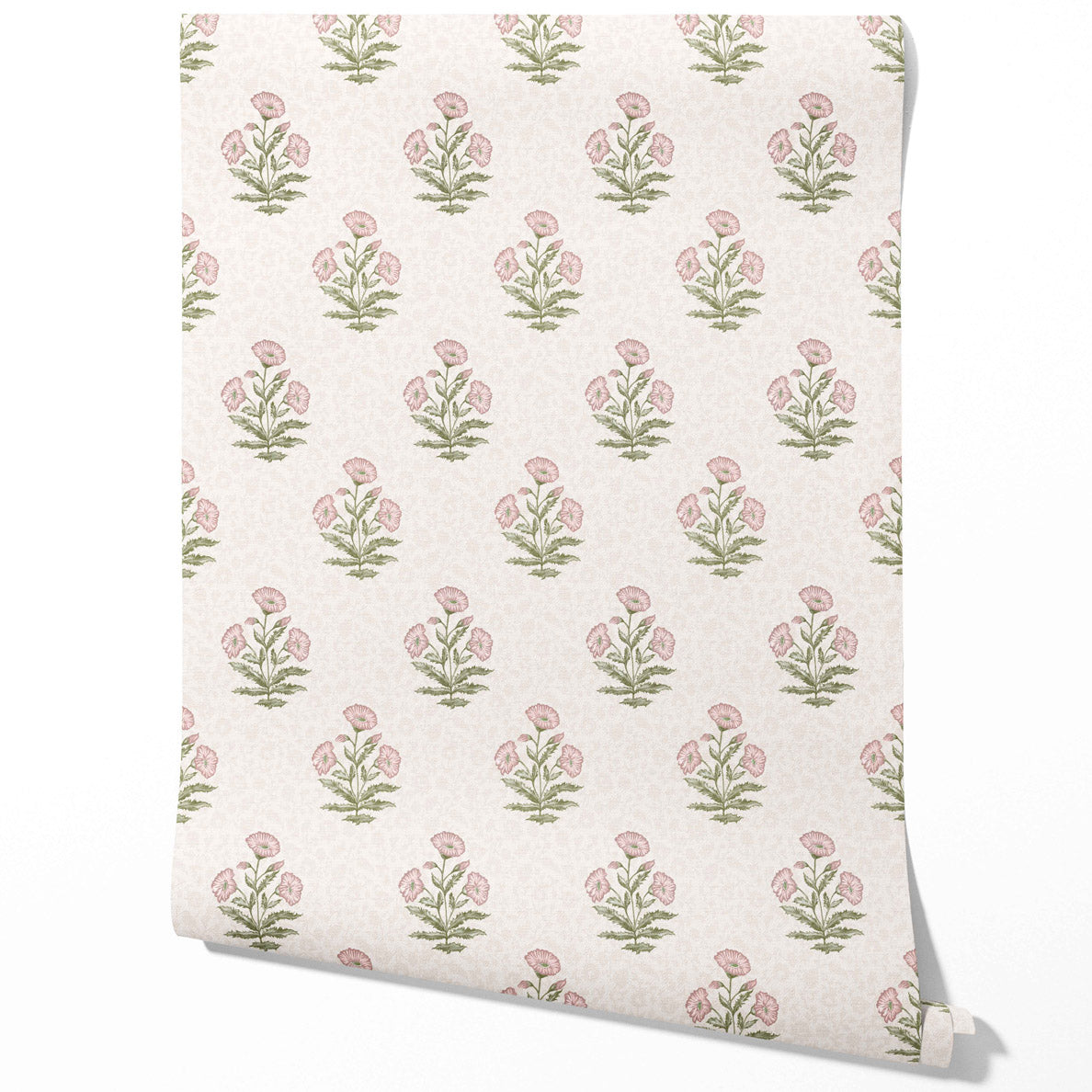Floral Block Print Traditional Wallpaper Sample (Pale Pink/ Green)