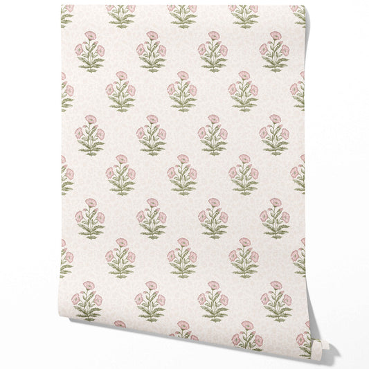 Floral Block Print Traditional Wallpaper Sample (Pale Pink/ Green)