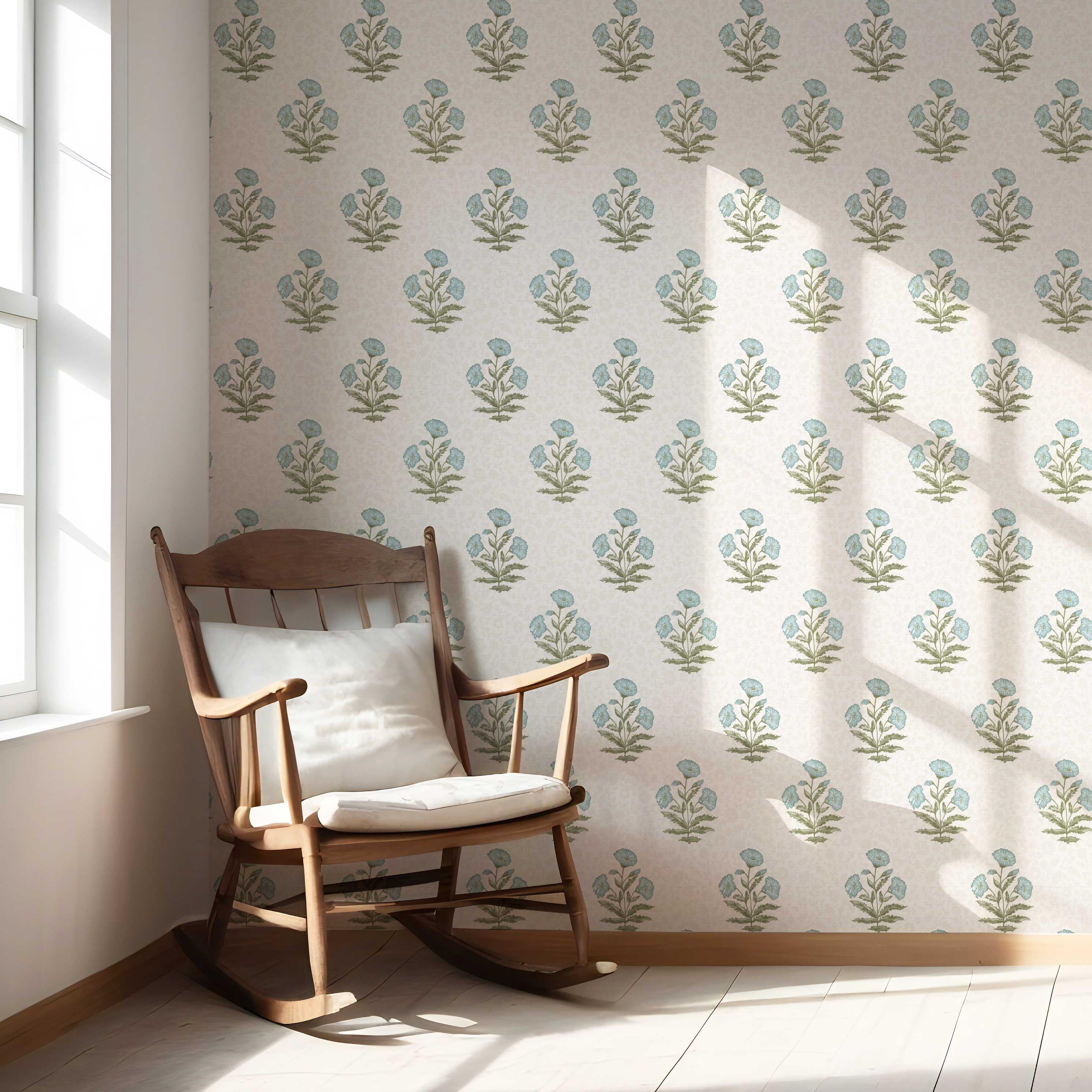 Floral Block Print Nursery Wallpaper Sample (Duck Egg Blue/ Green)