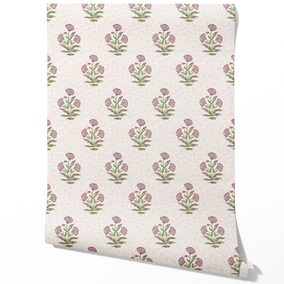 Floral Block Print Traditional Wallpaper Sample (Candy Pink/ Green)