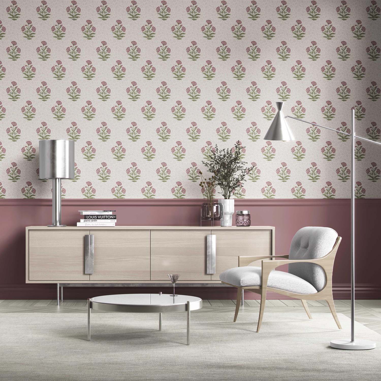 Floral Block Print Kitchen Wallpaper Sample (Candy Pink/ Green)