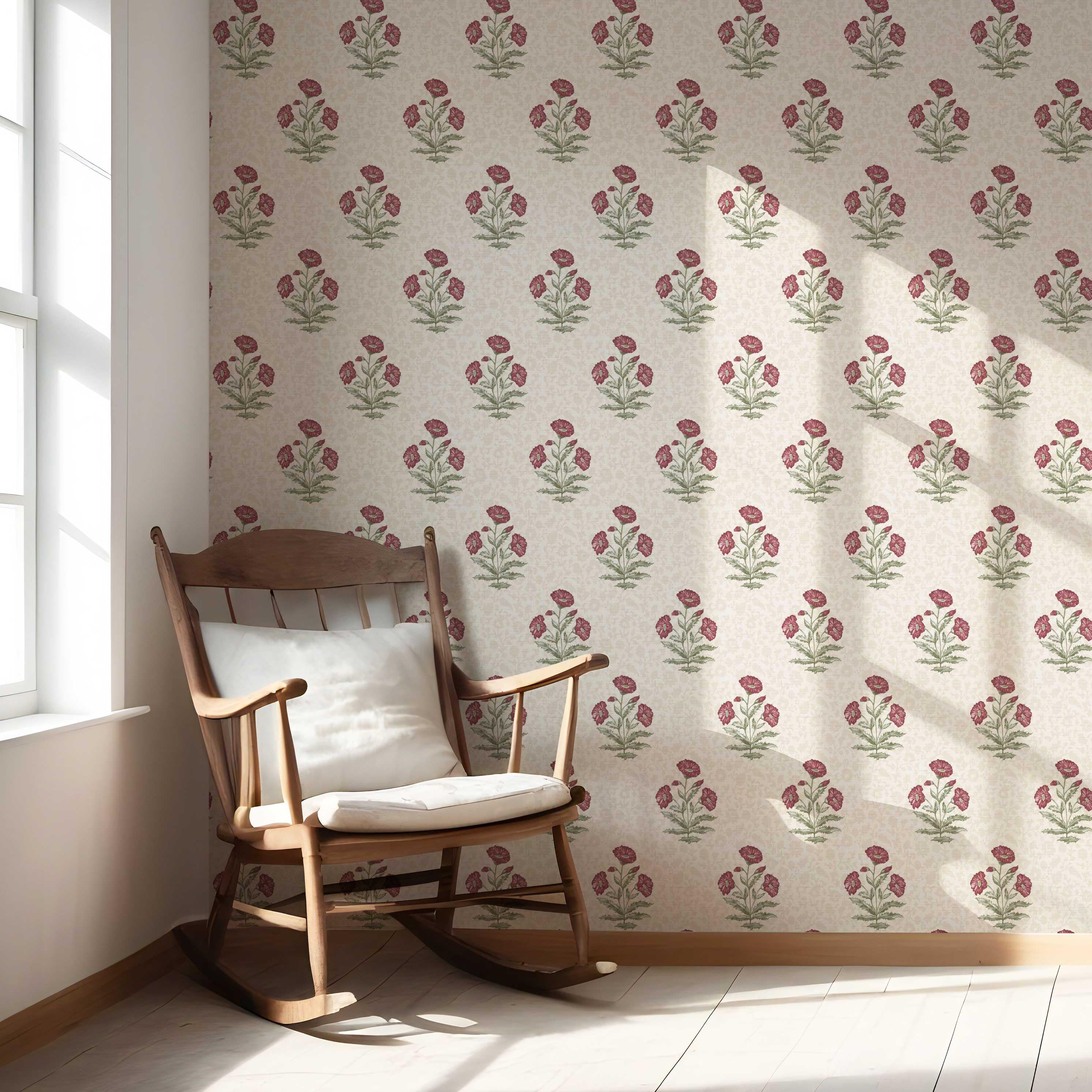 Floral Block Print Nursery Wallpaper Sample (Berry Red/ Maroon/ Green)