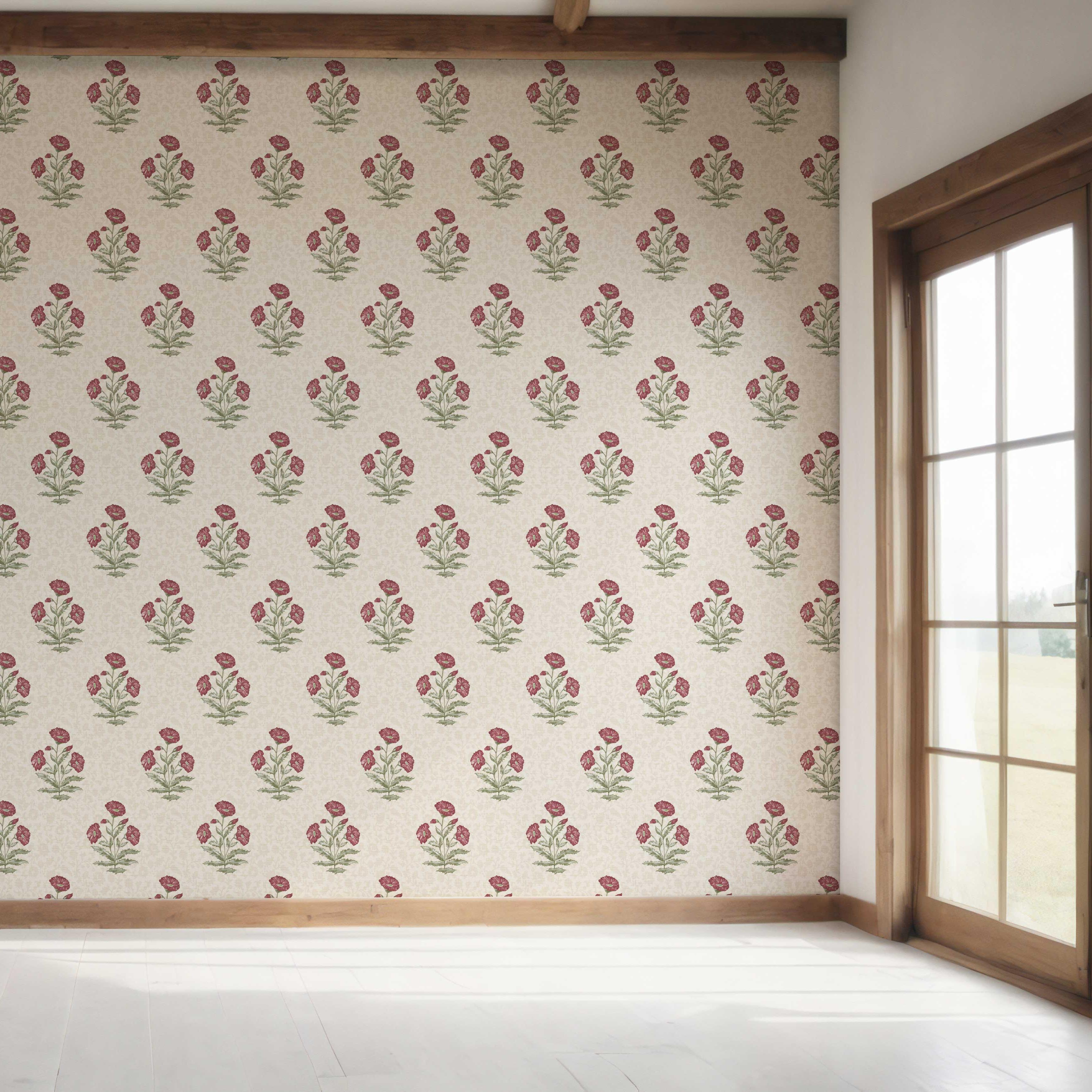 Floral Block Print Bedroom Wallpaper (Berry Red/ Maroon/ Green)