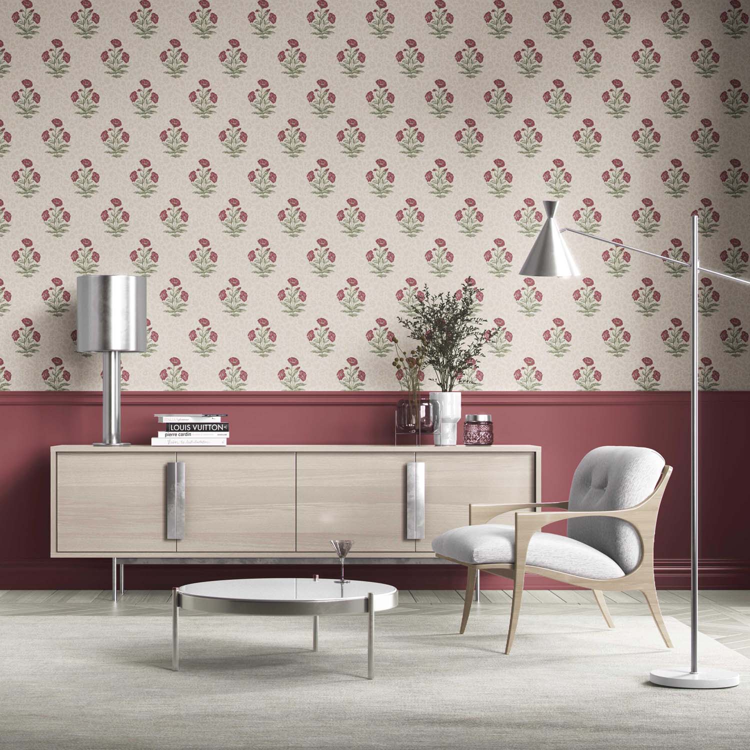 Floral Block Print Kitchen Wallpaper Sample (Berry Red/ Maroon/ Green)