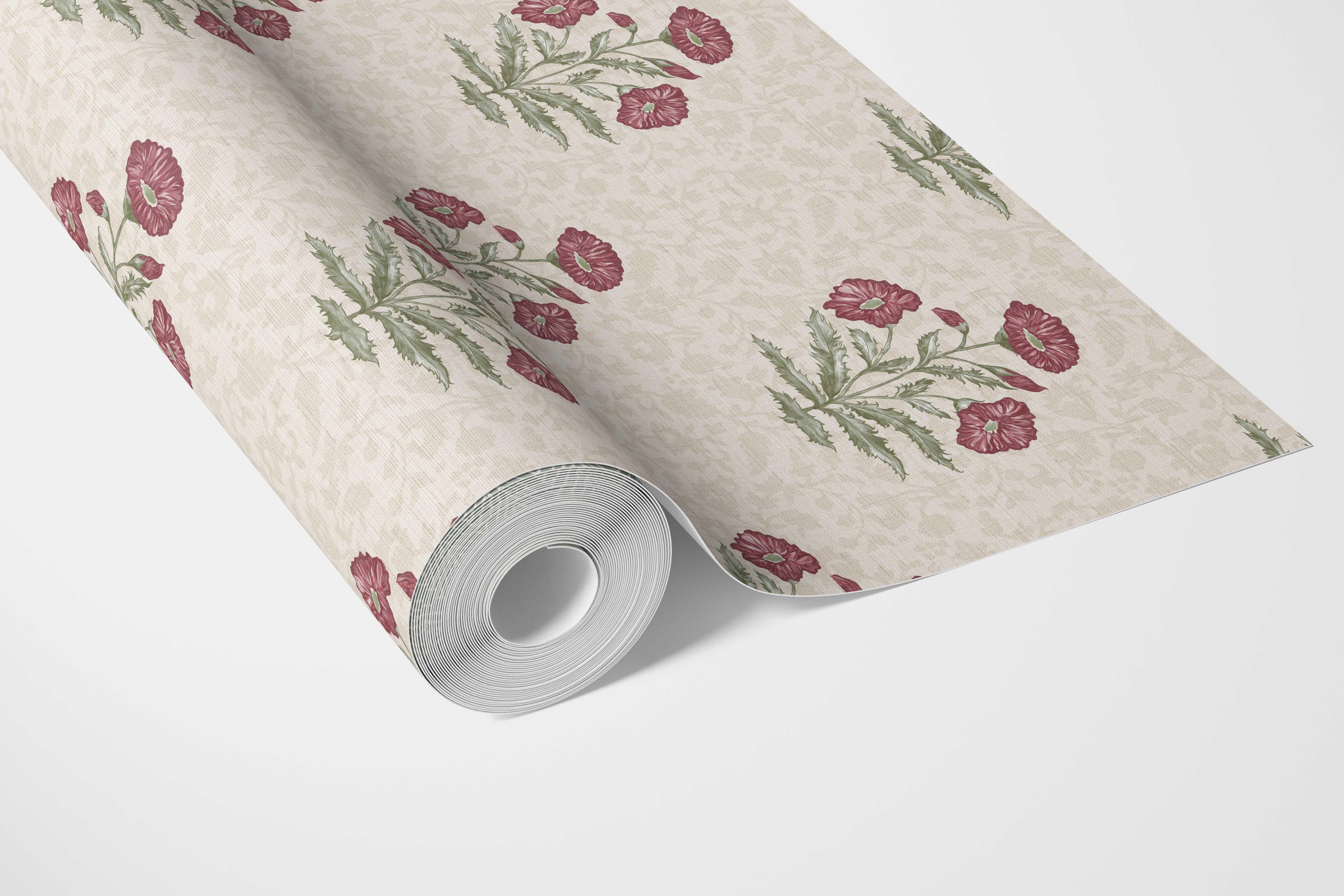 Floral Block Print Bathroom Wallpaper Sample (Berry Red/ Maroon/ Green)