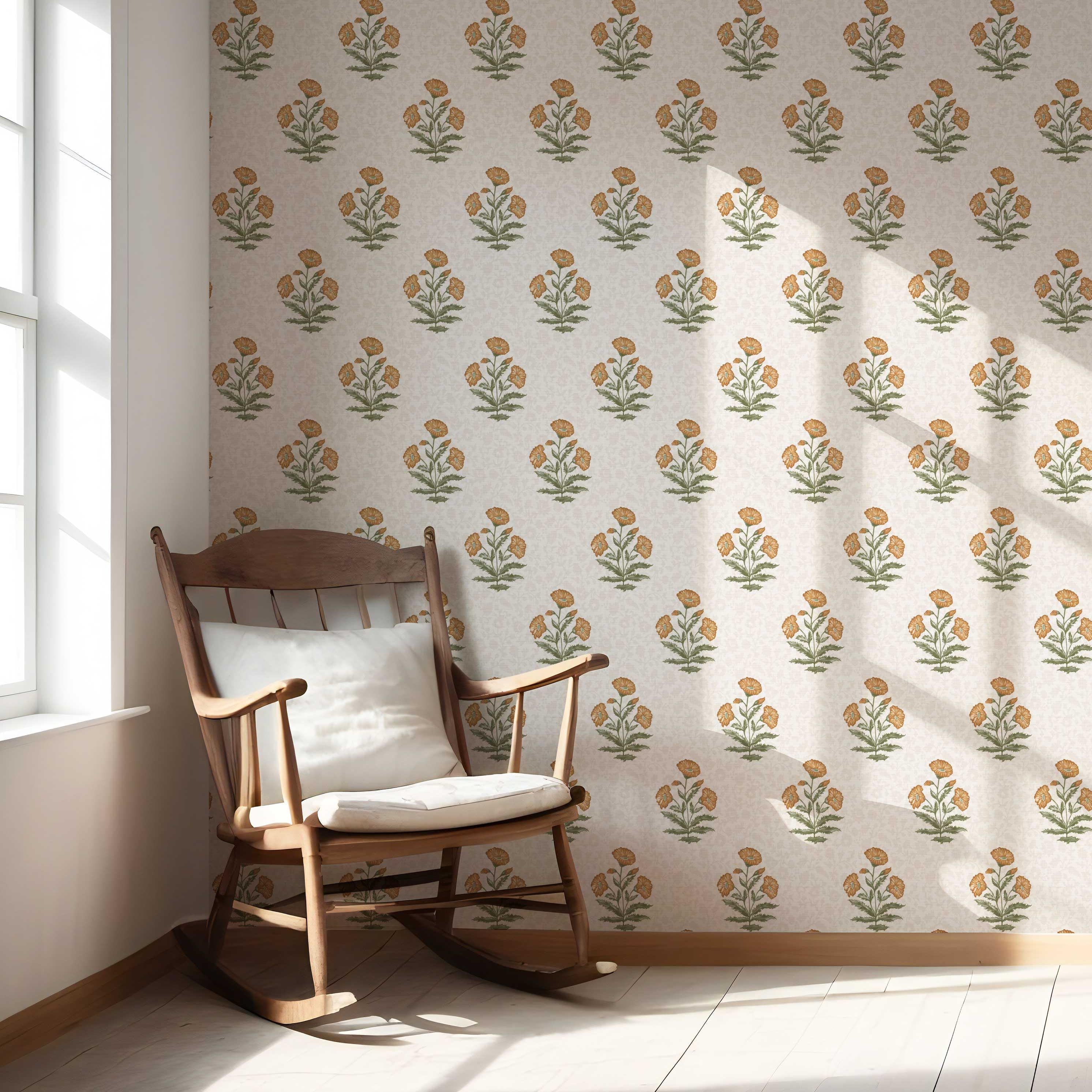 Floral Block Print Nursery Wallpaper Sample (Ochre Yellow/ Green)