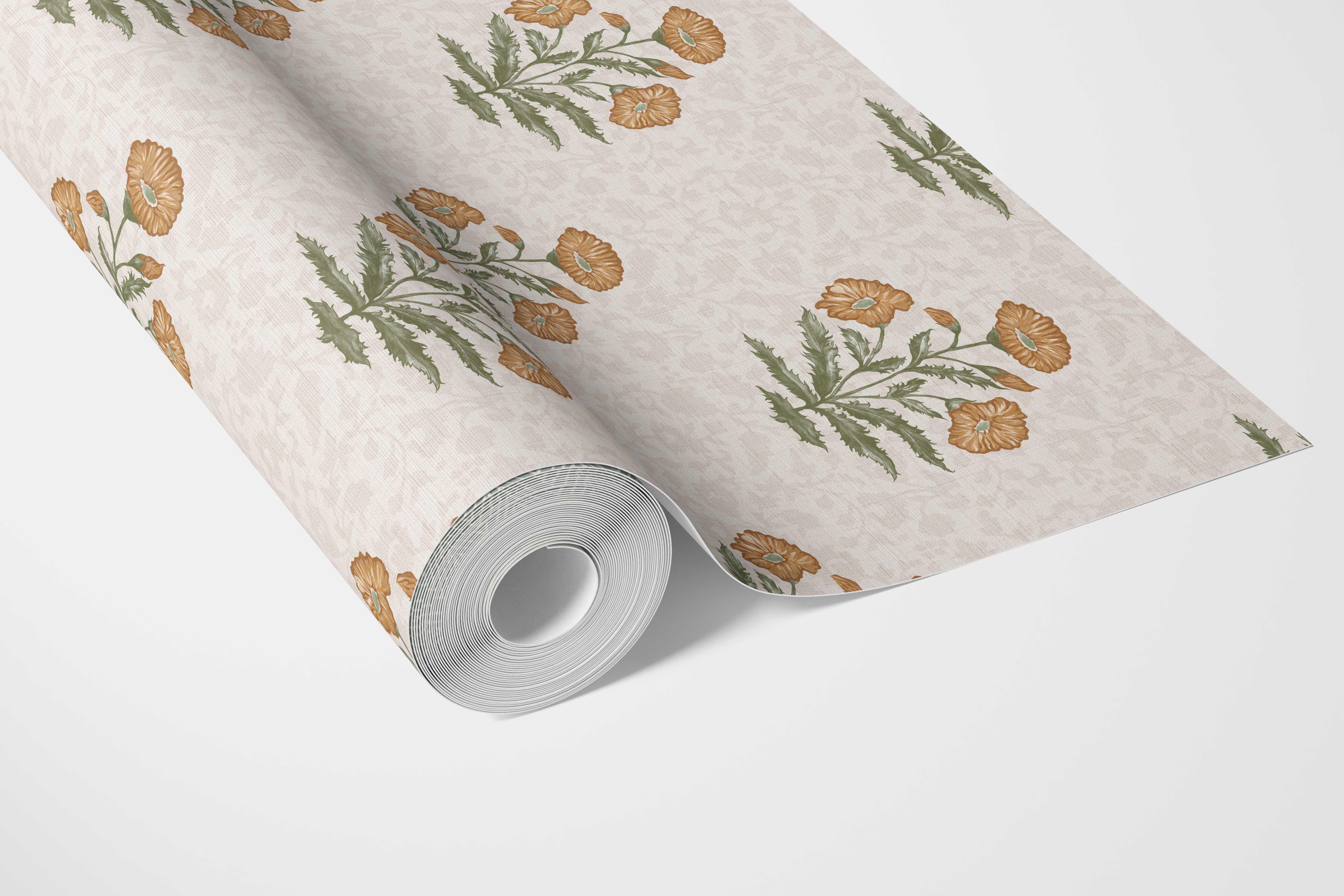 Floral Block Print Bathroom Wallpaper Sample (Ochre Yellow/ Green)