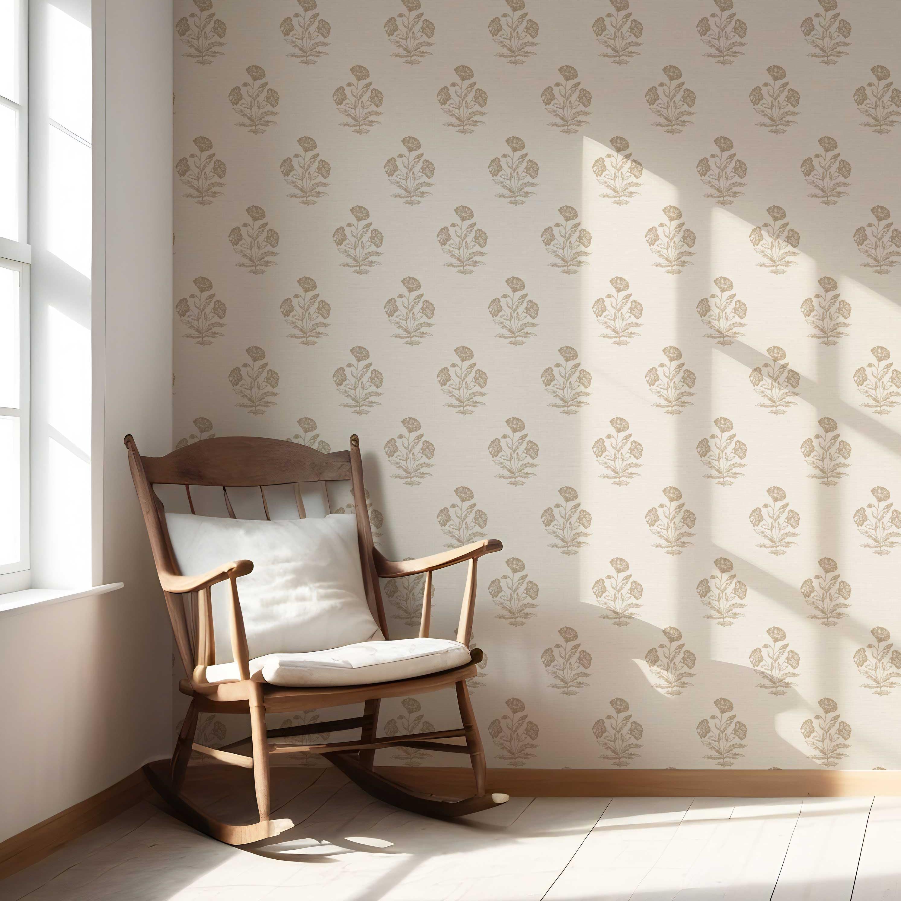 Neutral Floral Block Print Nursery Wallpaper Sample (Light Brown/ Beige/ Taupe)