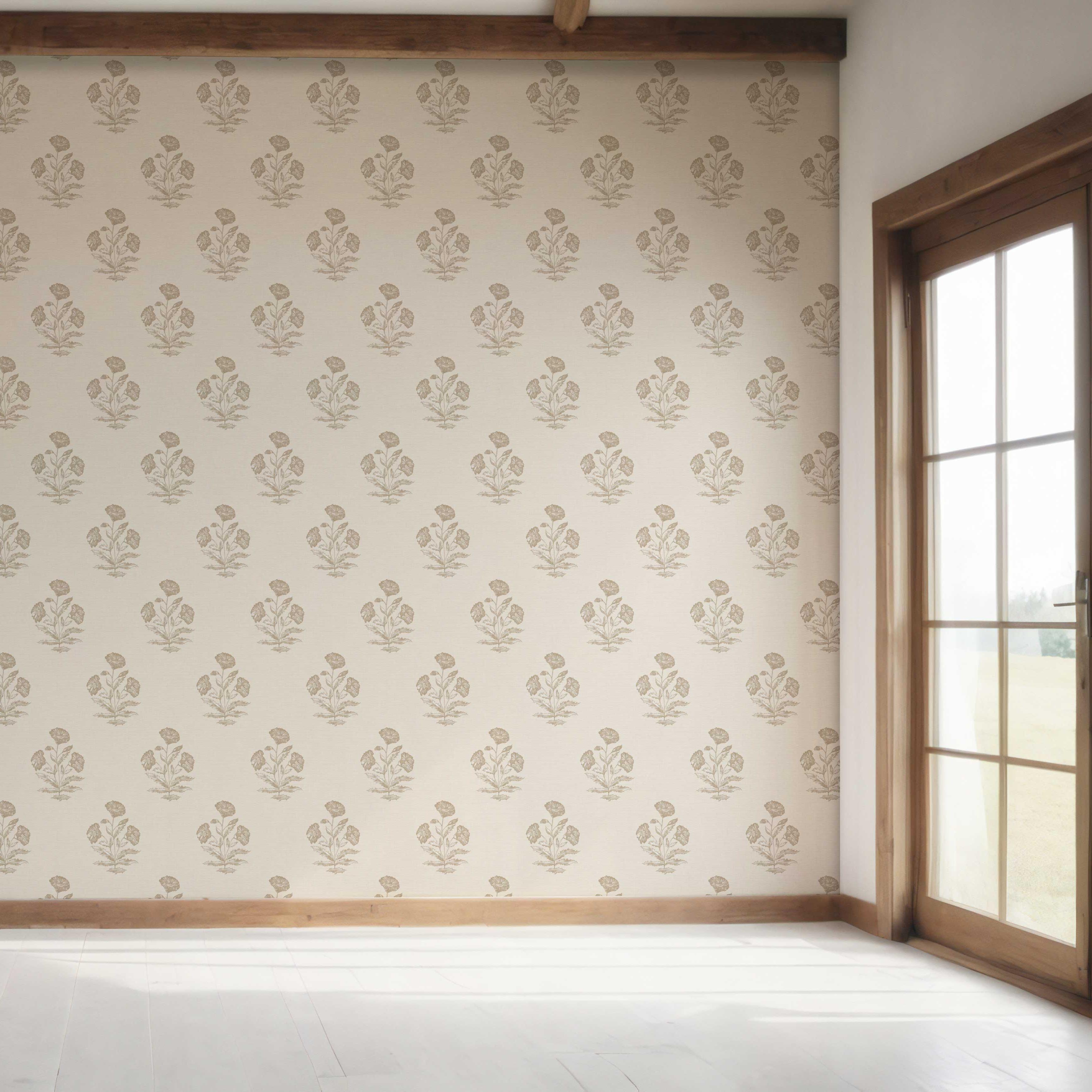 Neutral Floral Block Print Bedroom Wallpaper Sample (Beige/ Brown/ Taupe)